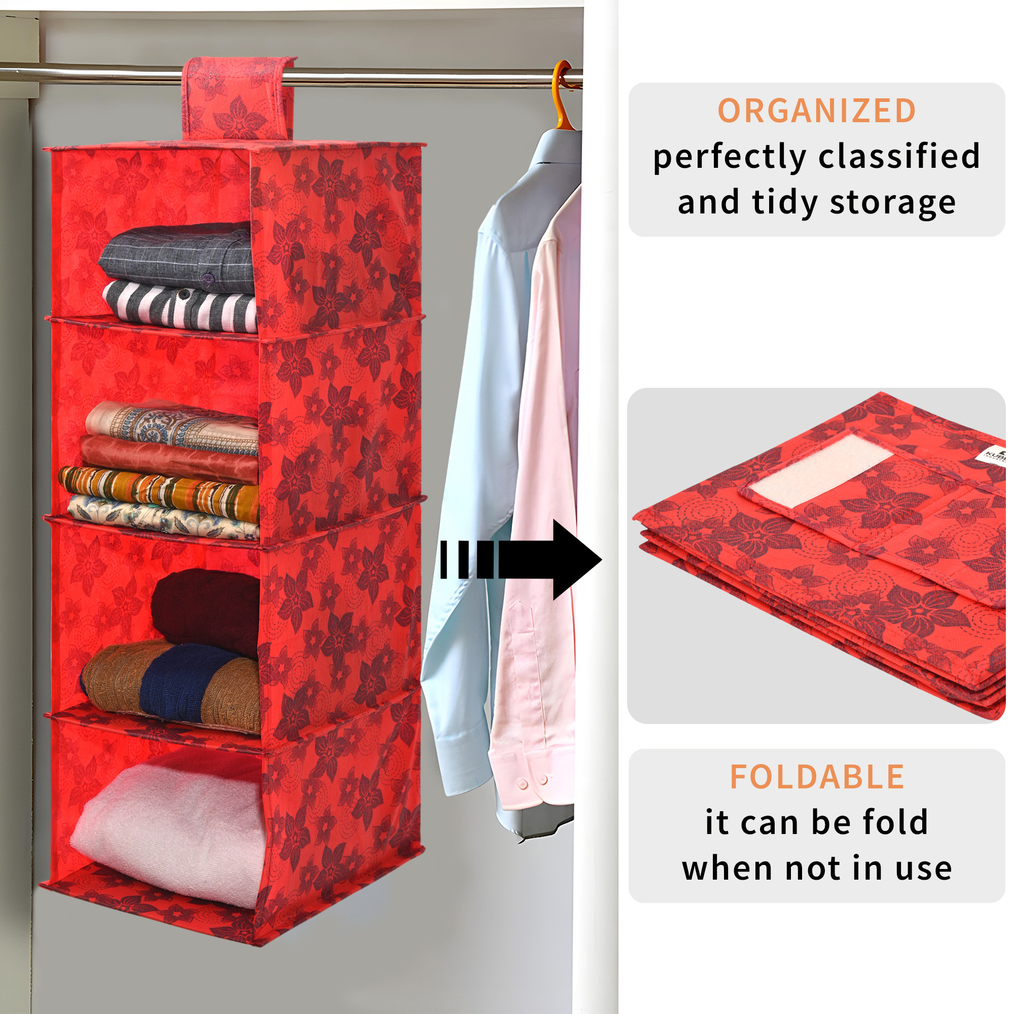 Kuber Industries Non Woven Foldable Multipurpose 4 Shelf Hanging Closet Organizer  WardrobeCupboardAlmirah Hanging Cloth Organizer  Perfect for Daily ClothesGarment  New Flower - Red