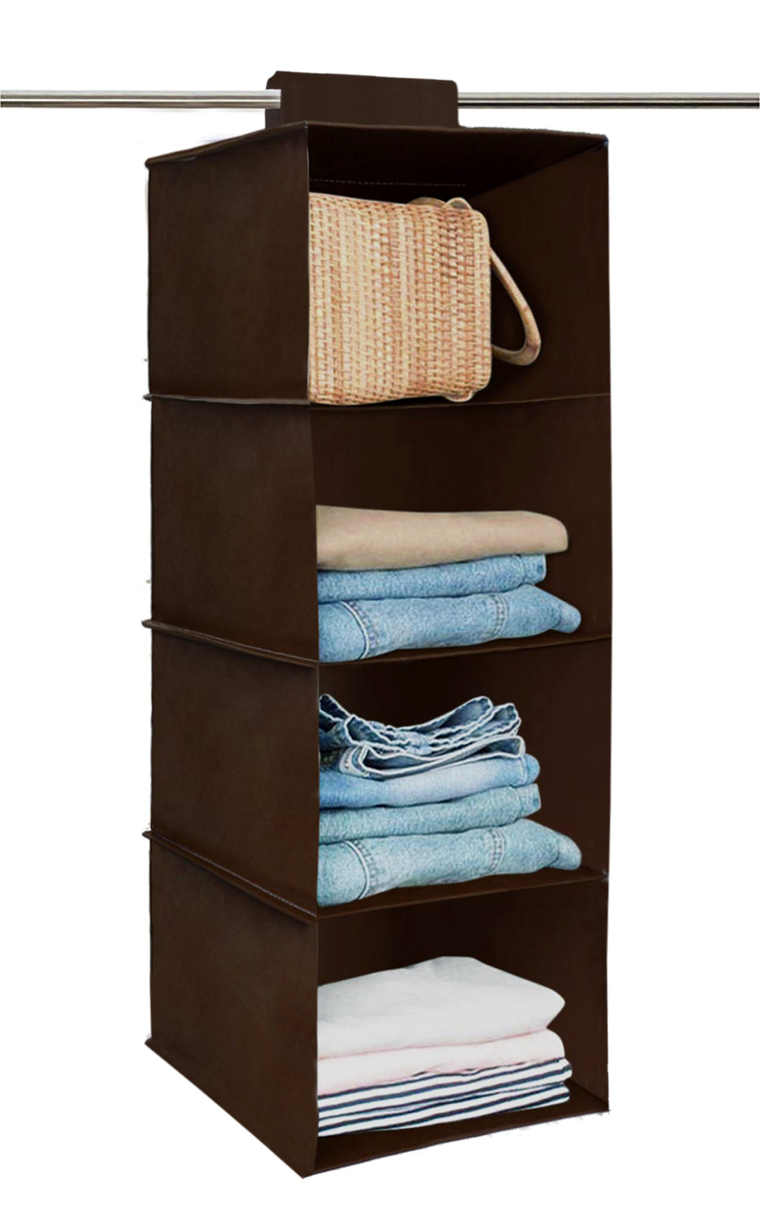 Kuber Industries Non Woven Hanging 4 Shelves Foldable Wardrobe Organizer-  (Brown)-HS40KUBMART23985