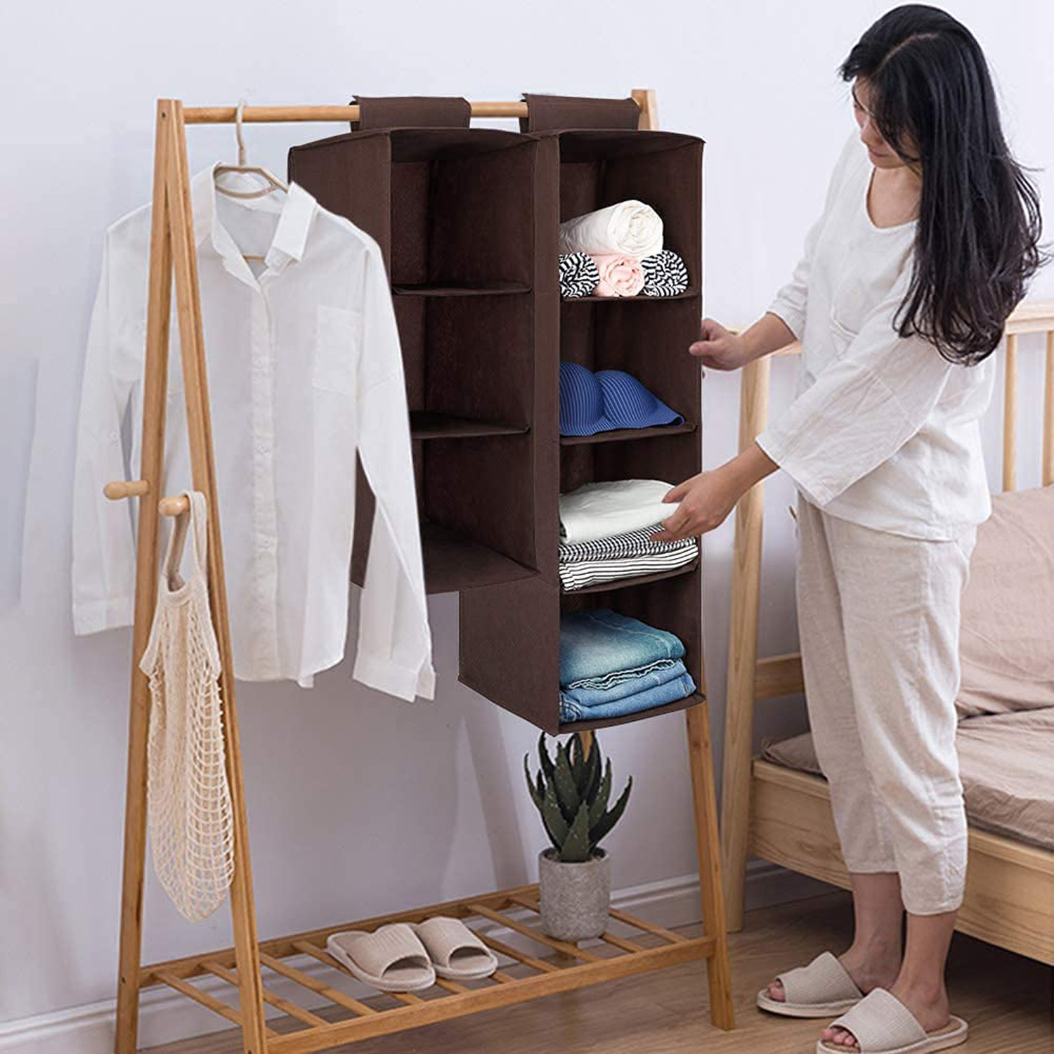 Kuber Industries Non Woven Hanging 4 Shelves Foldable Wardrobe Organizer-  (Brown)-HS40KUBMART23985