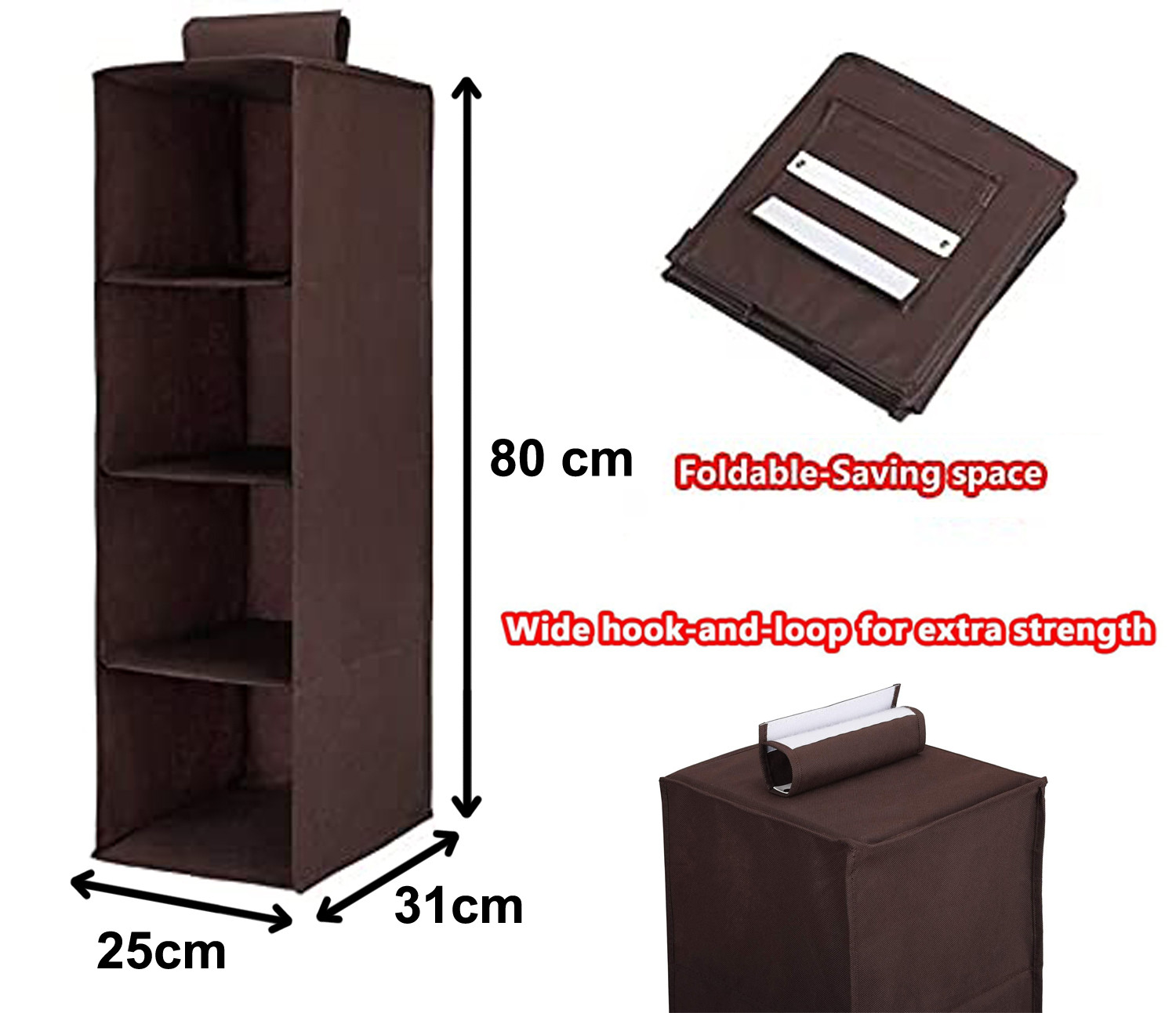 Kuber Industries Non Woven Hanging 4 Shelves Foldable Wardrobe Organizer-  (Brown)-HS40KUBMART23985