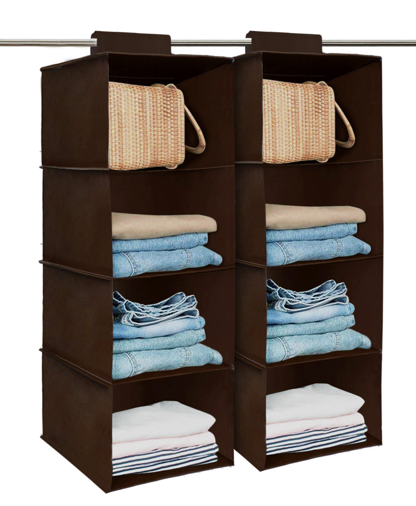 Kuber Industries Non Woven Hanging 4 Shelves Foldable Wardrobe Organizer-  (Brown)-HS40KUBMART23985