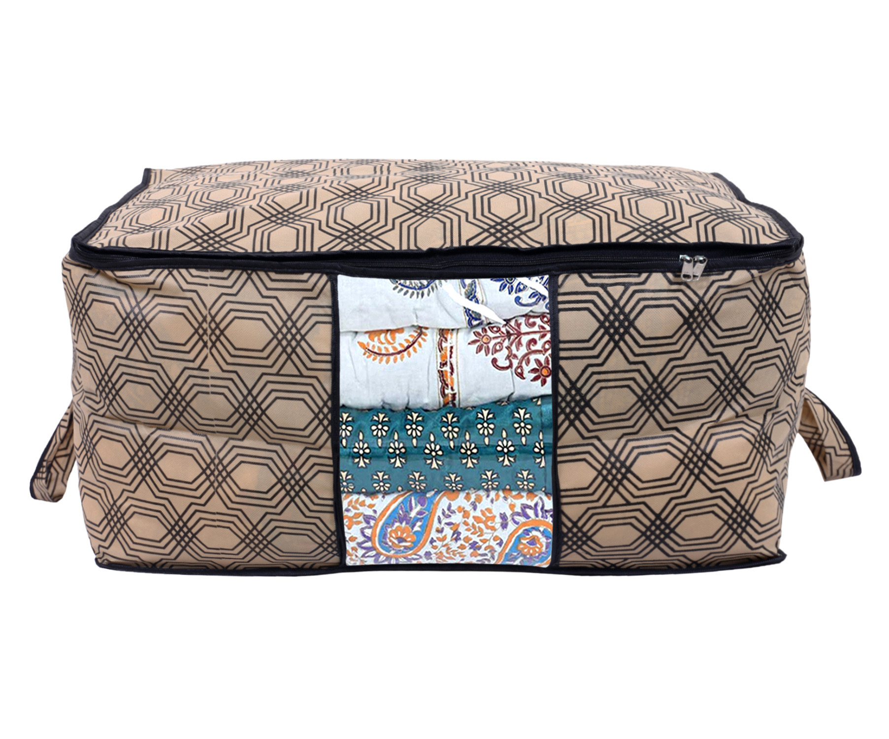 Kuber Industries Non-Woven Honeycomb Design Underbed|Blanket Cover With Transparent Window, Zippered & Handle (Cream)
