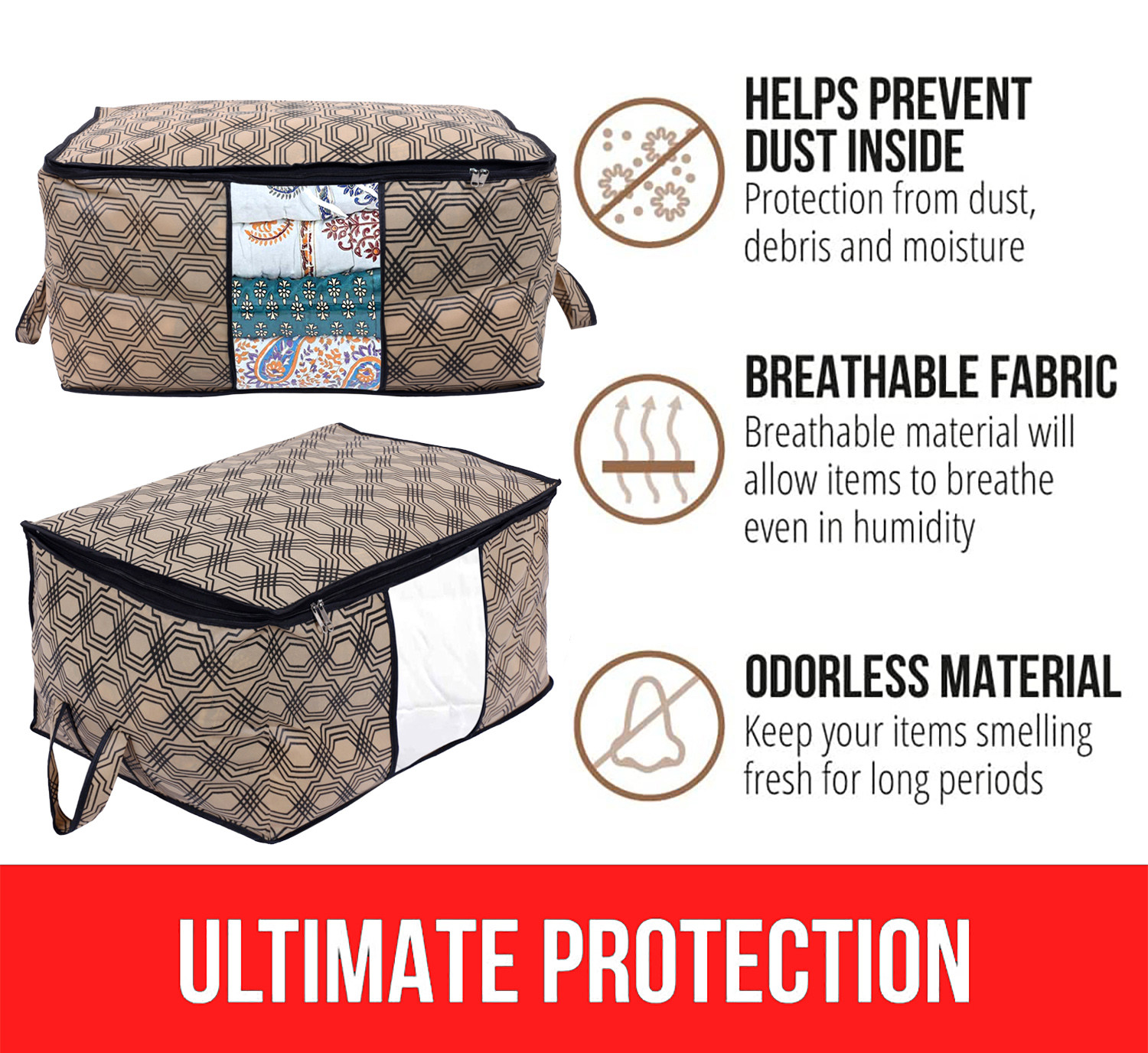Kuber Industries Non-Woven Honeycomb Design Underbed|Blanket Cover With Transparent Window, Zippered & Handle (Cream)