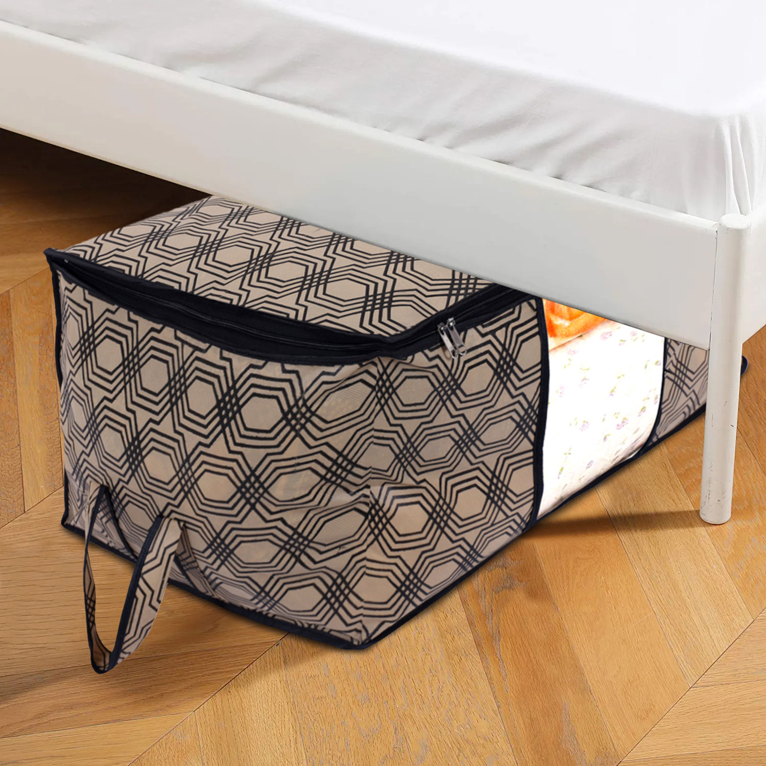 Kuber Industries Non-Woven Honeycomb Design Underbed|Blanket Cover With Transparent Window, Zippered & Handle (Cream)