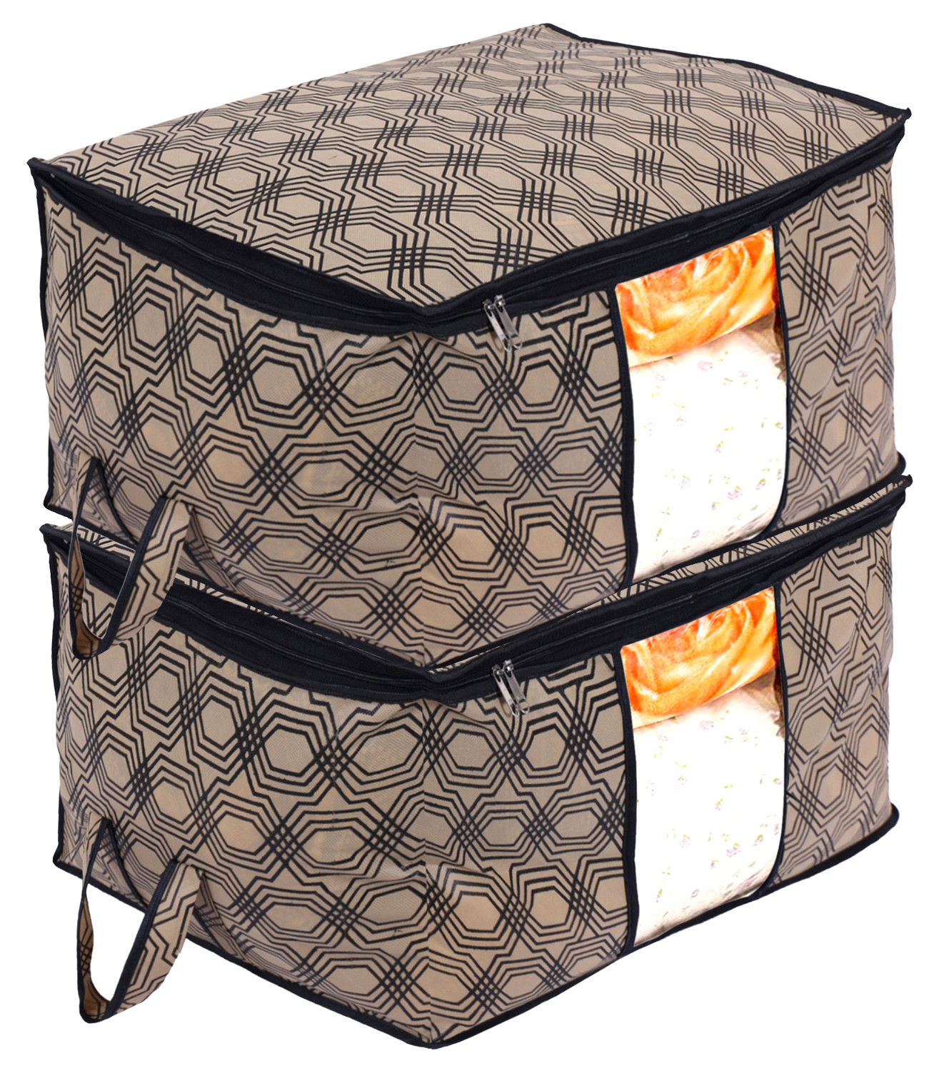 Kuber Industries Non-Woven Honeycomb Design Underbed|Blanket Cover With Transparent Window, Zippered & Handle (Cream)
