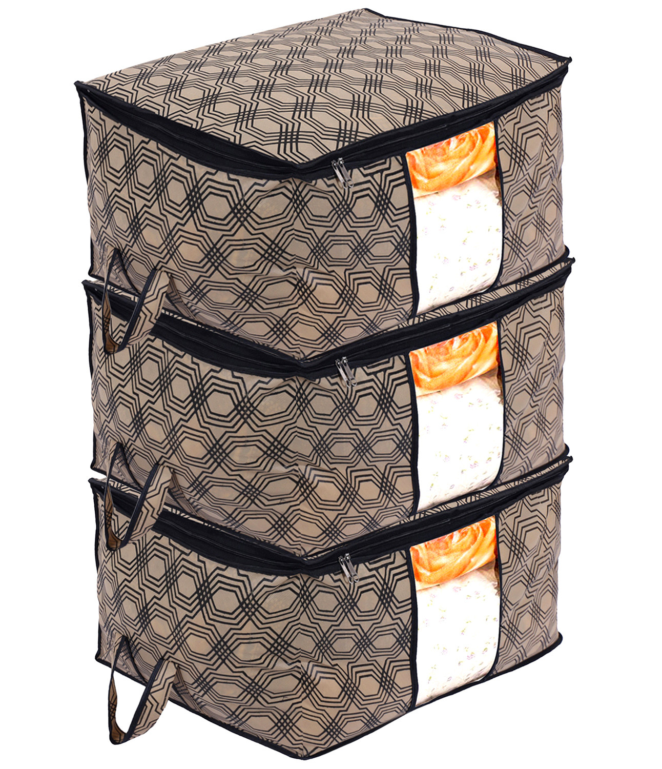 Kuber Industries Non-Woven Honeycomb Design Underbed|Blanket Cover With Transparent Window, Zippered & Handle (Cream)