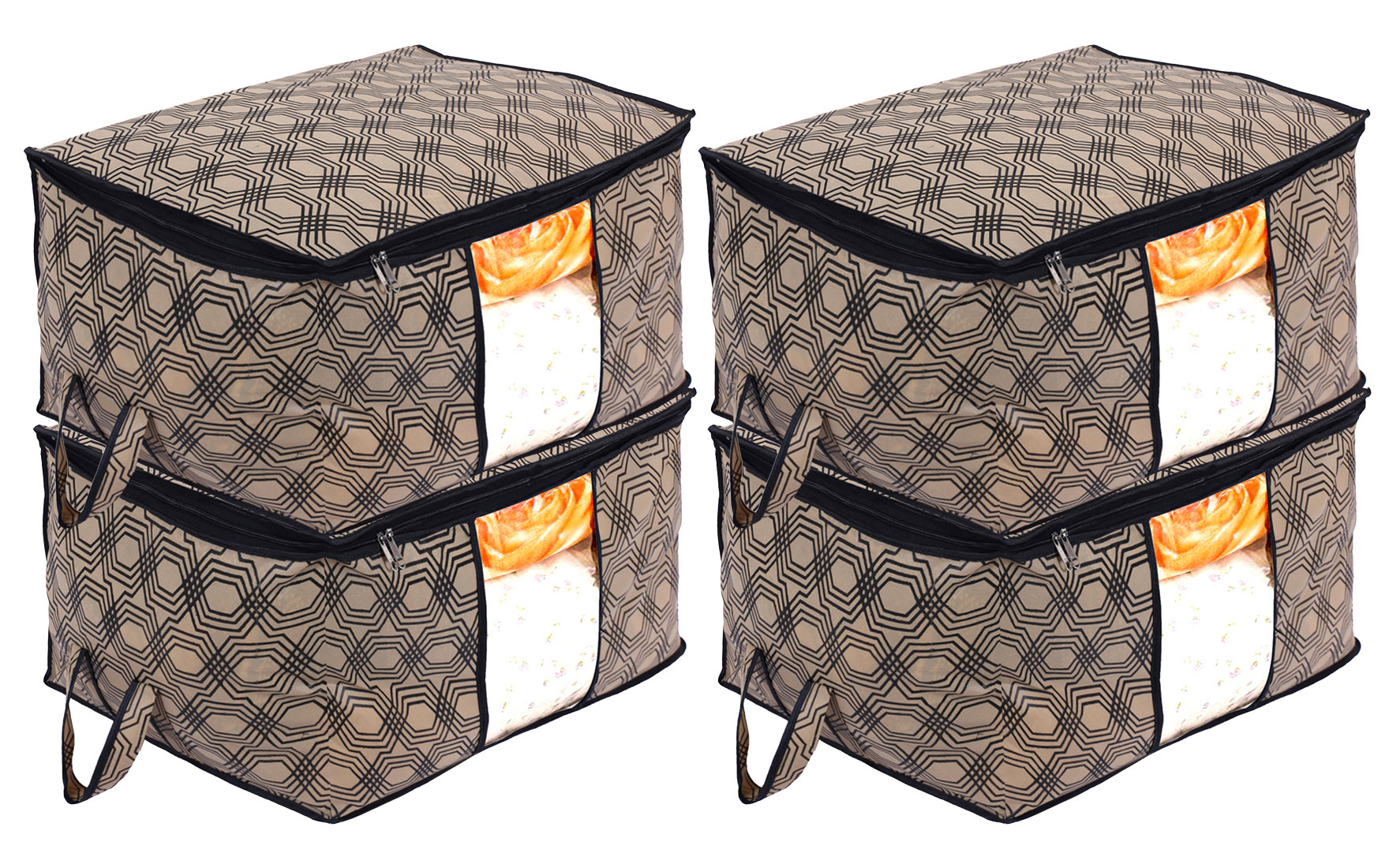 Kuber Industries Non-Woven Honeycomb Design Underbed|Blanket Cover With Transparent Window, Zippered & Handle (Cream)