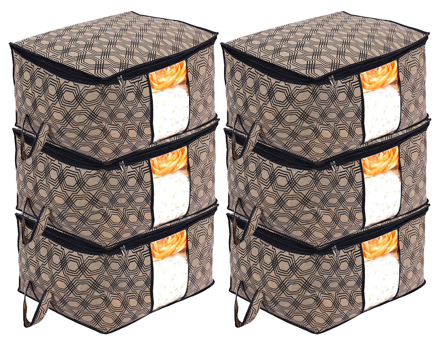 Kuber Industries Non-Woven Honeycomb Design Underbed|Blanket Cover With Transparent Window, Zippered & Handle (Cream)