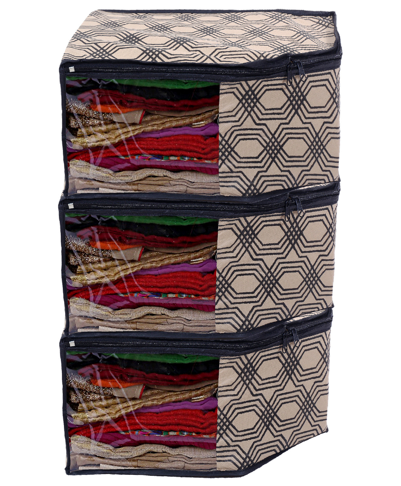 Kuber Industries Non-Woven Honeycomb Print Foldable Blouse Cover|Clothes Organizer For Home & Traveling With Front Window Extra Large(Cream)