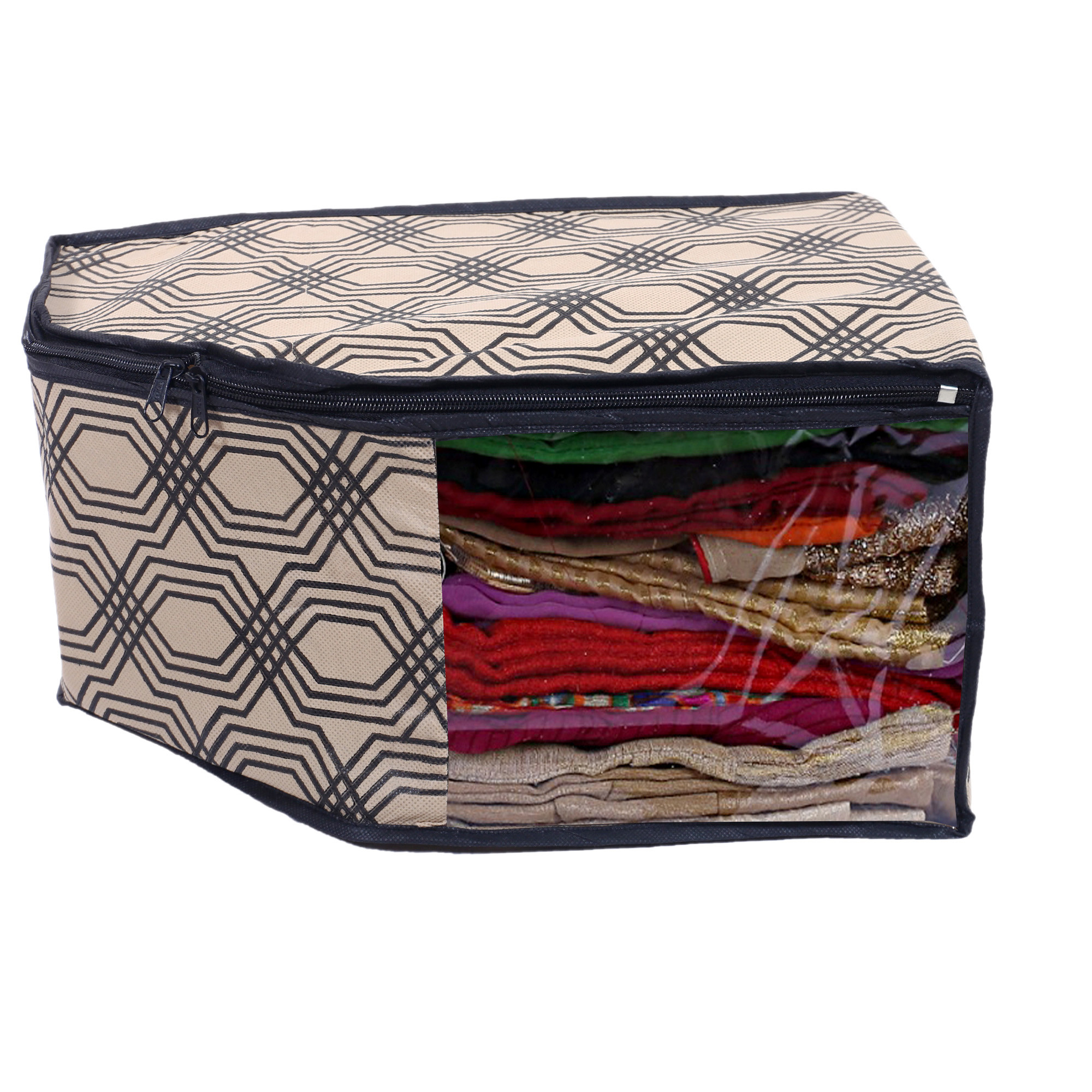 Kuber Industries Non-Woven Honeycomb Print Foldable Blouse Cover|Clothes Organizer For Home & Traveling With Front Window Extra Large(Cream)