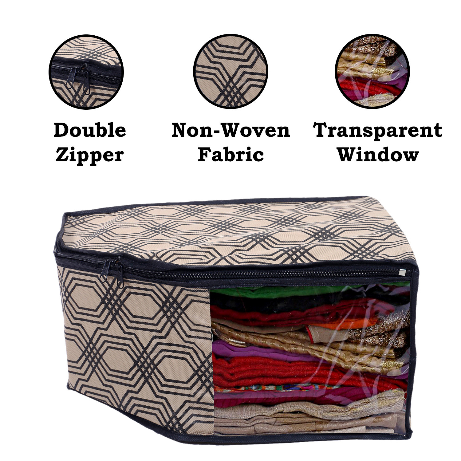 Kuber Industries Non-Woven Honeycomb Print Foldable Blouse Cover|Clothes Organizer For Home & Traveling With Front Window Extra Large(Cream)