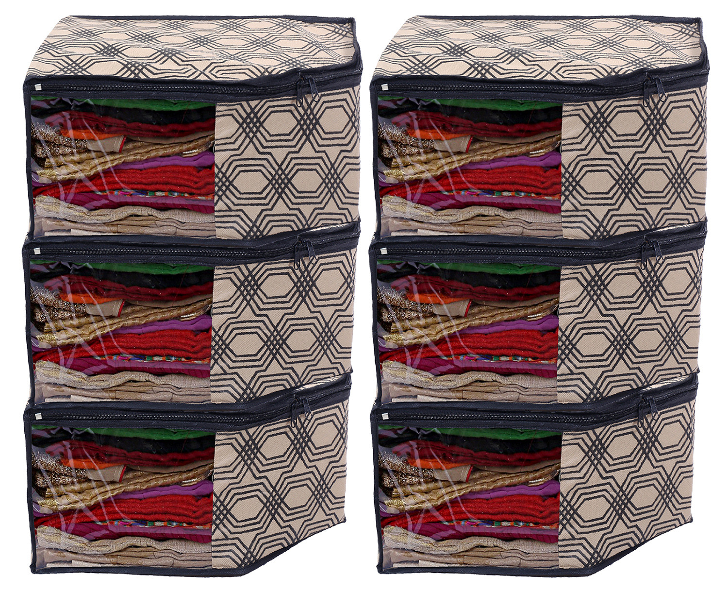 Kuber Industries Non-Woven Honeycomb Print Foldable Blouse Cover|Clothes Organizer For Home & Traveling With Front Window Extra Large(Cream)