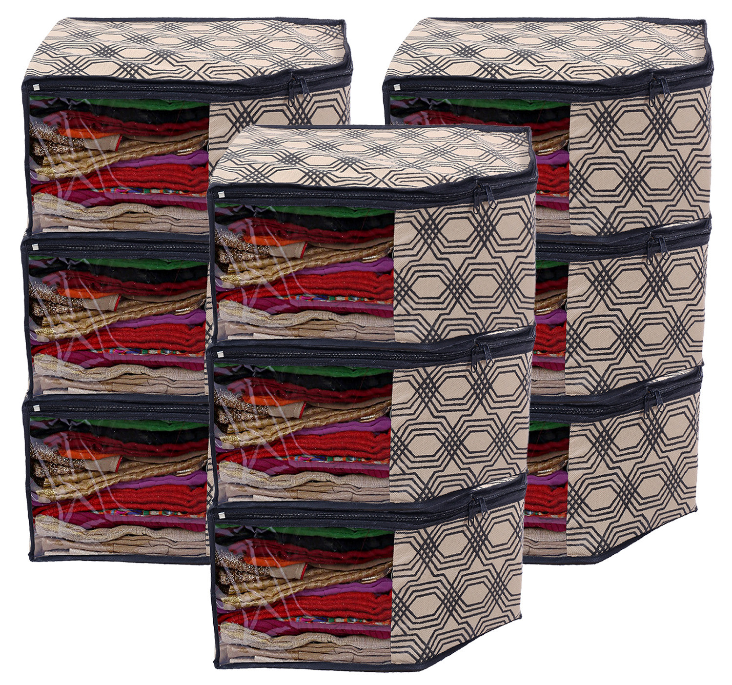 Kuber Industries Non-Woven Honeycomb Print Foldable Blouse Cover|Clothes Organizer For Home & Traveling With Front Window Extra Large(Cream)