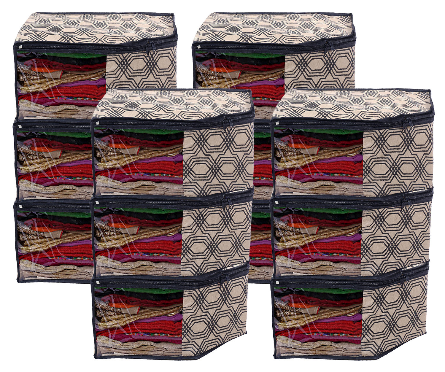 Kuber Industries Non-Woven Honeycomb Print Foldable Blouse Cover|Clothes Organizer For Home & Traveling With Front Window Extra Large(Cream)