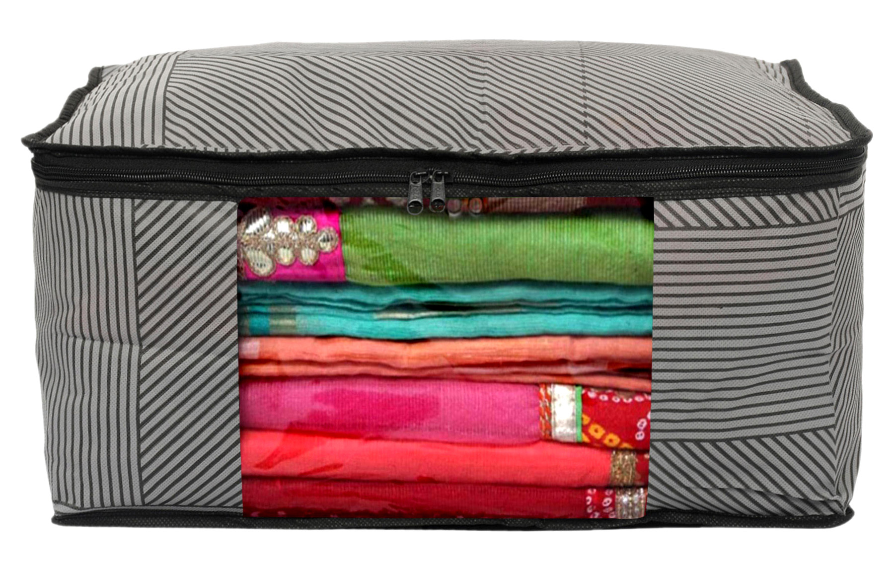 Kuber industries Non-Woven Lining Print 2 Pieces Underbed Storage Bag & 2 Pieces Saree Cover With Transparent Window,(Gray)