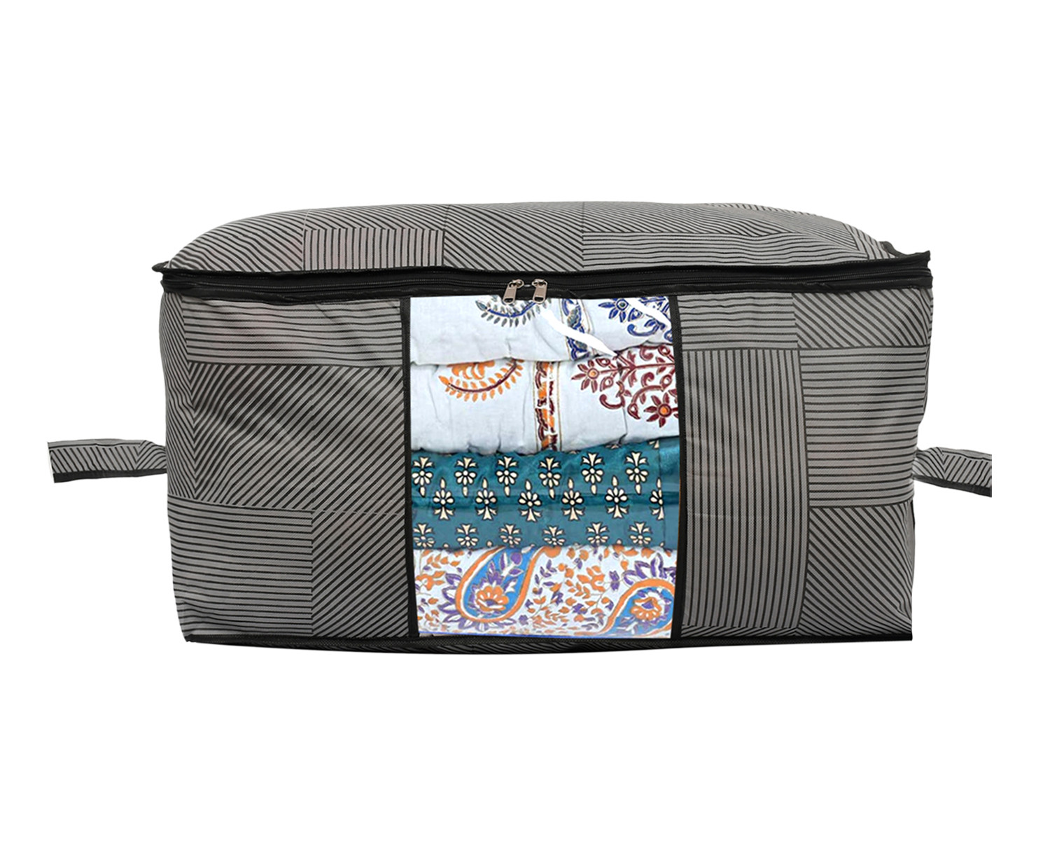Kuber Industries Non-Woven Lining Print Blanket Cover|Clothes Organizer|Clothes Organizer With Transparent Window, Zipper Closure & Handle (Gray, Extra Large)