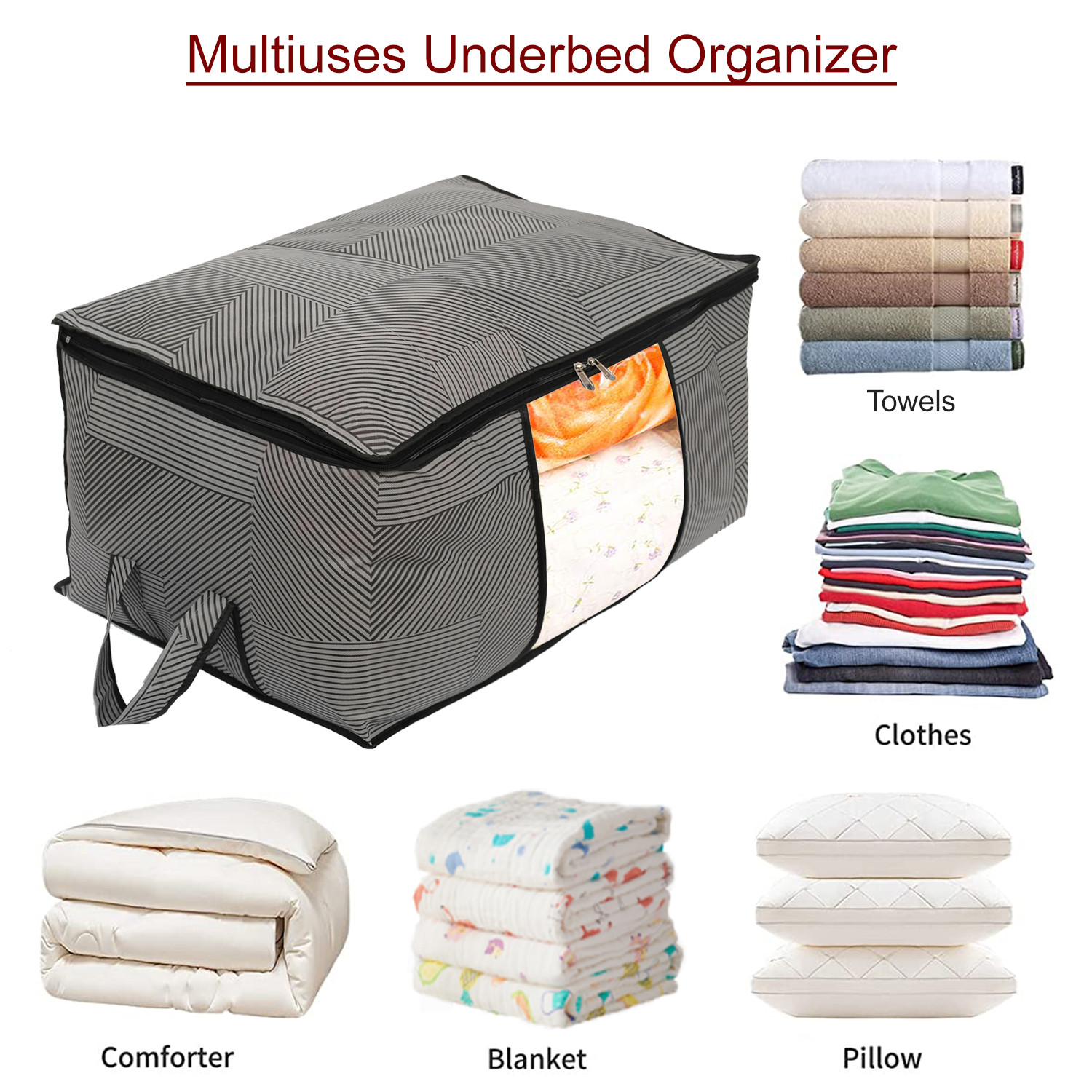 Kuber Industries Non-Woven Lining Print Blanket Cover|Clothes Organizer|Clothes Organizer With Transparent Window, Zipper Closure & Handle (Gray, Extra Large)