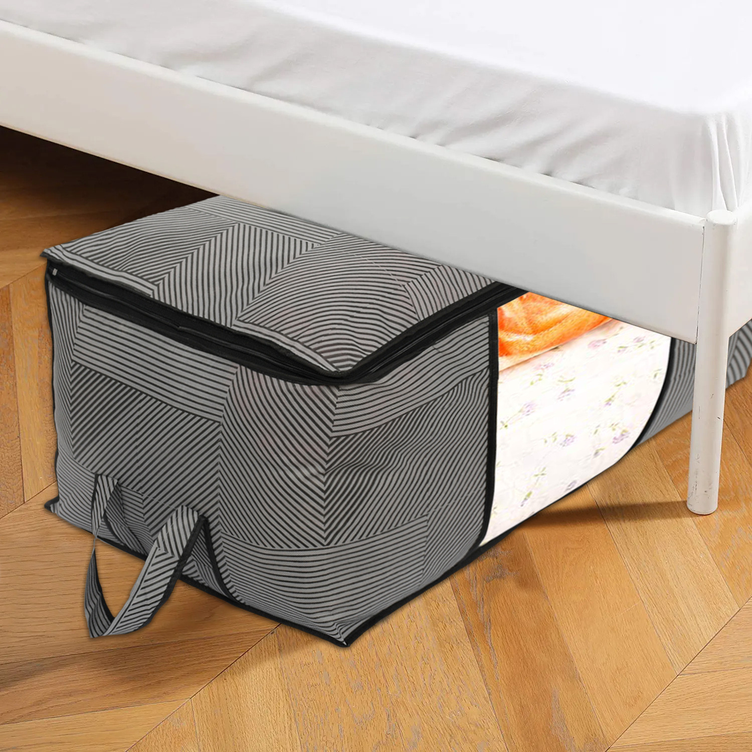 Kuber Industries Non-Woven Lining Print Blanket Cover|Clothes Organizer|Clothes Organizer With Transparent Window, Zipper Closure & Handle (Gray, Extra Large)