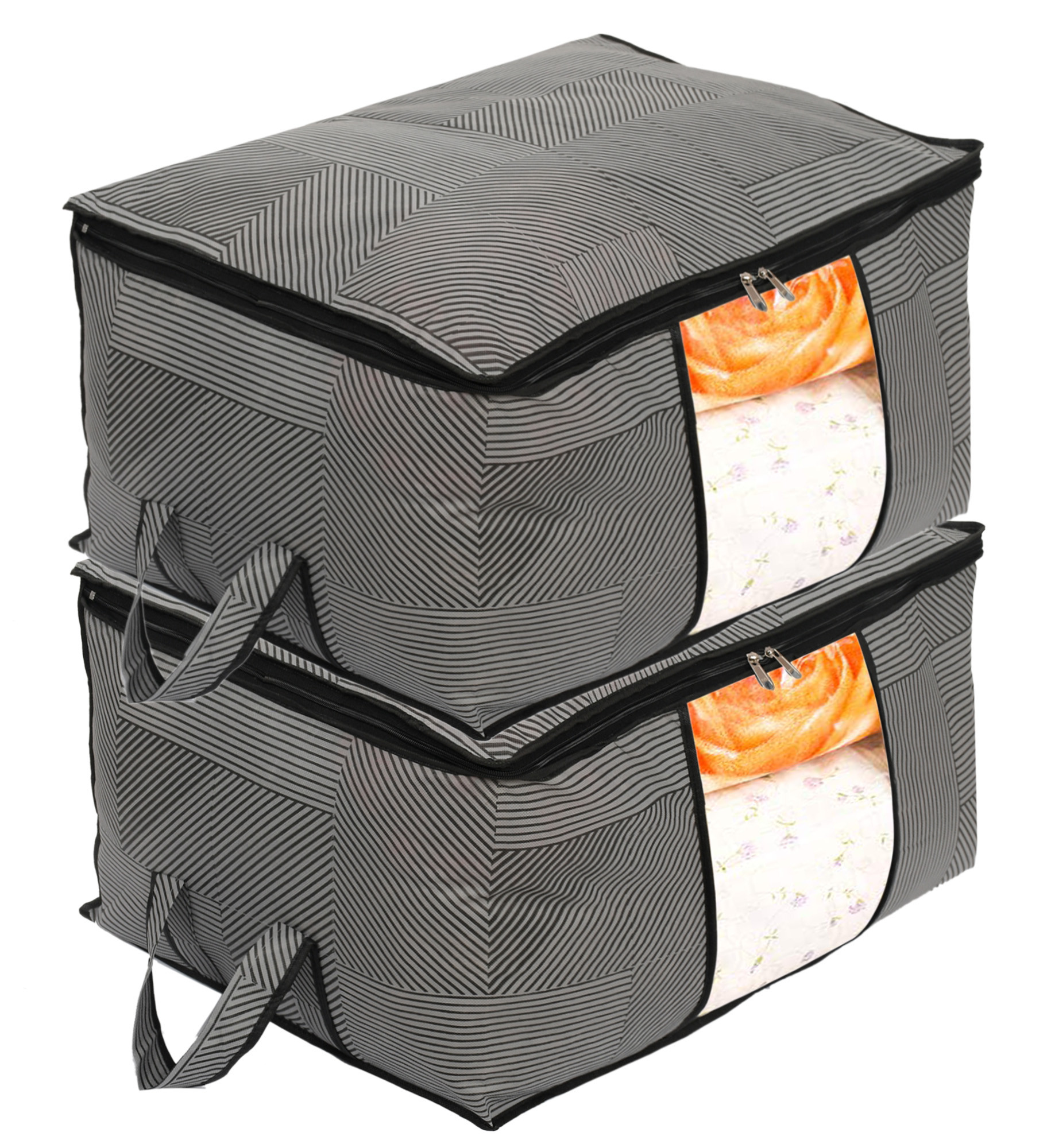 Kuber Industries Non-Woven Lining Print Blanket Cover|Clothes Organizer|Clothes Organizer With Transparent Window, Zipper Closure & Handle (Gray, Extra Large)