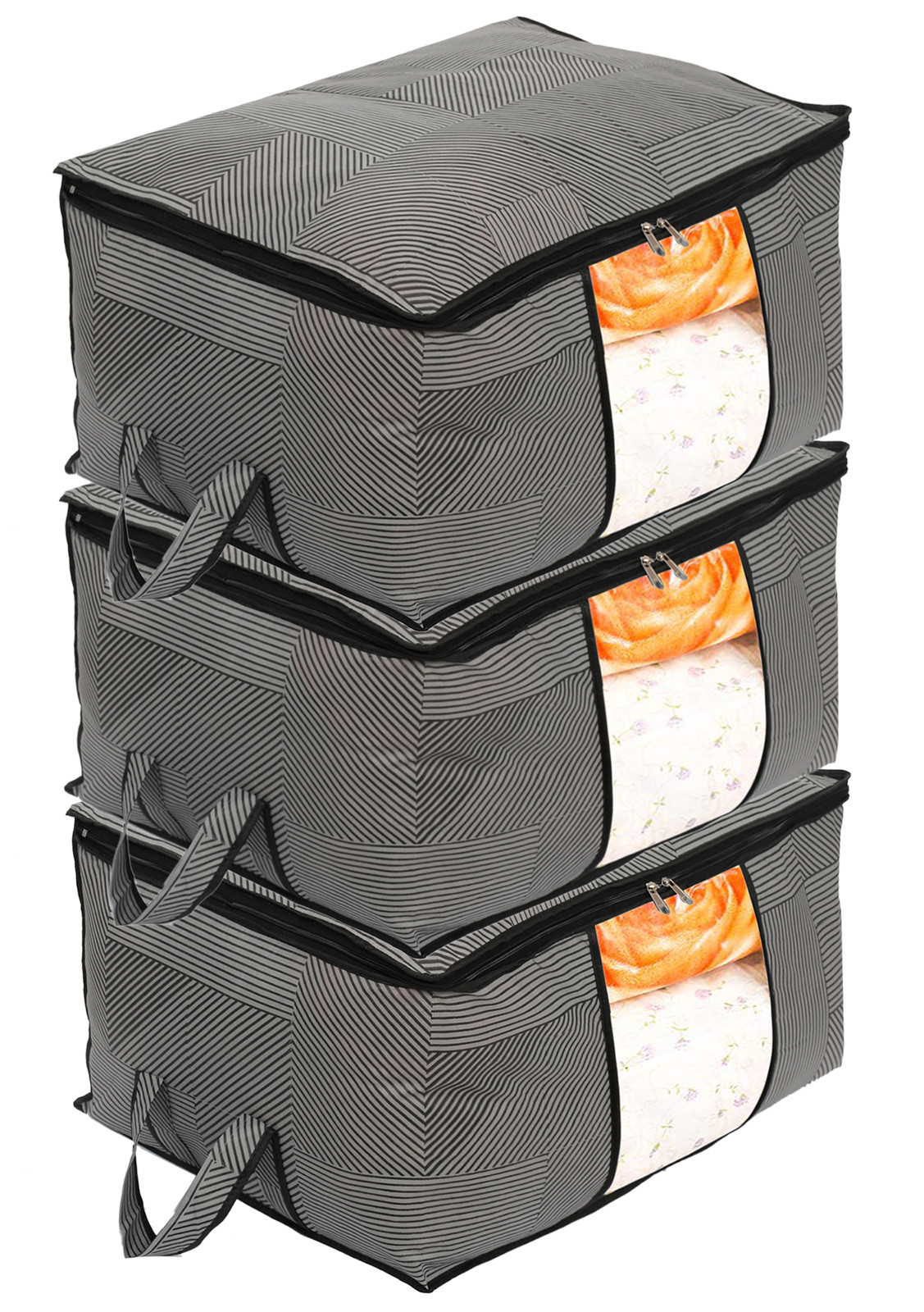 Kuber Industries Non-Woven Lining Print Blanket Cover|Clothes Organizer|Clothes Organizer With Transparent Window, Zipper Closure & Handle (Gray, Extra Large)