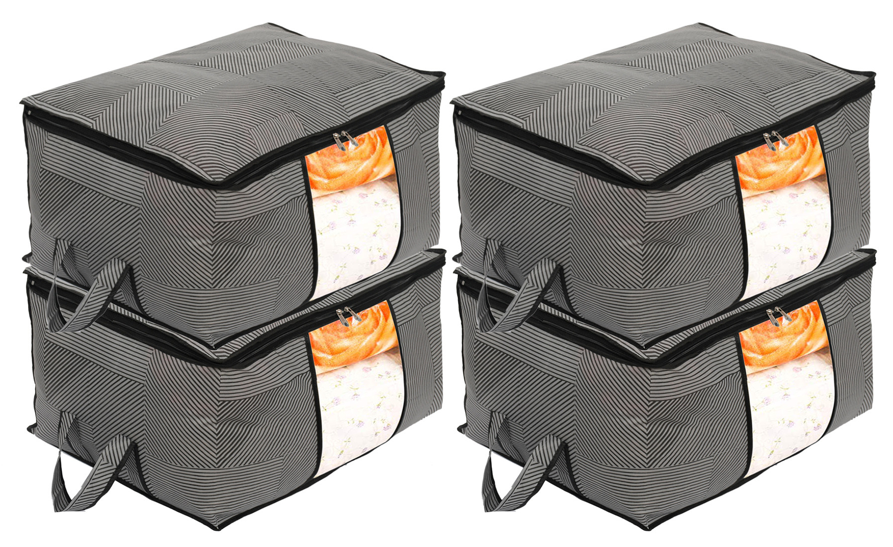 Kuber Industries Non-Woven Lining Print Blanket Cover|Clothes Organizer|Clothes Organizer With Transparent Window, Zipper Closure & Handle (Gray, Extra Large)