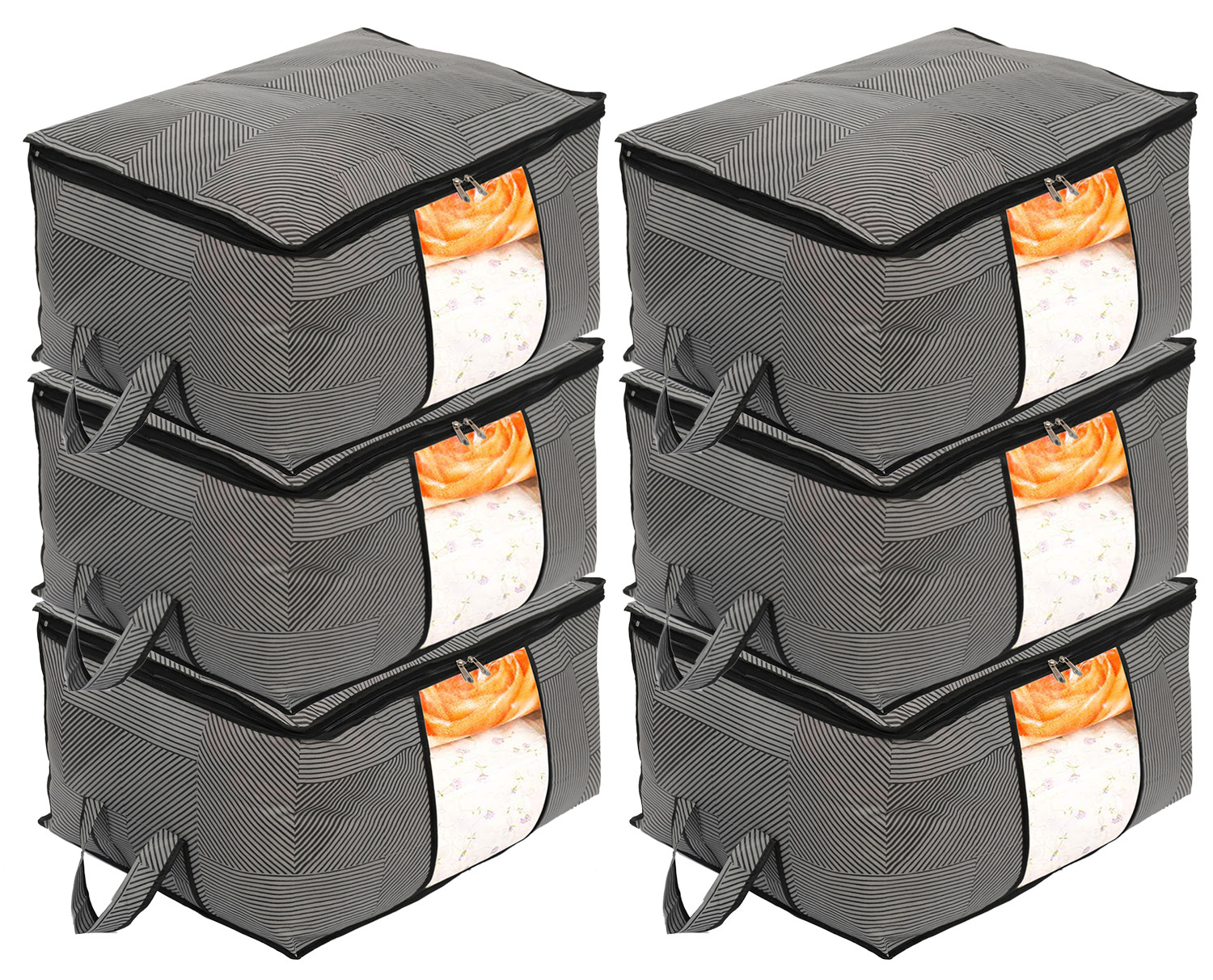Kuber Industries Non-Woven Lining Print Blanket Cover|Clothes Organizer|Clothes Organizer With Transparent Window, Zipper Closure & Handle (Gray, Extra Large)