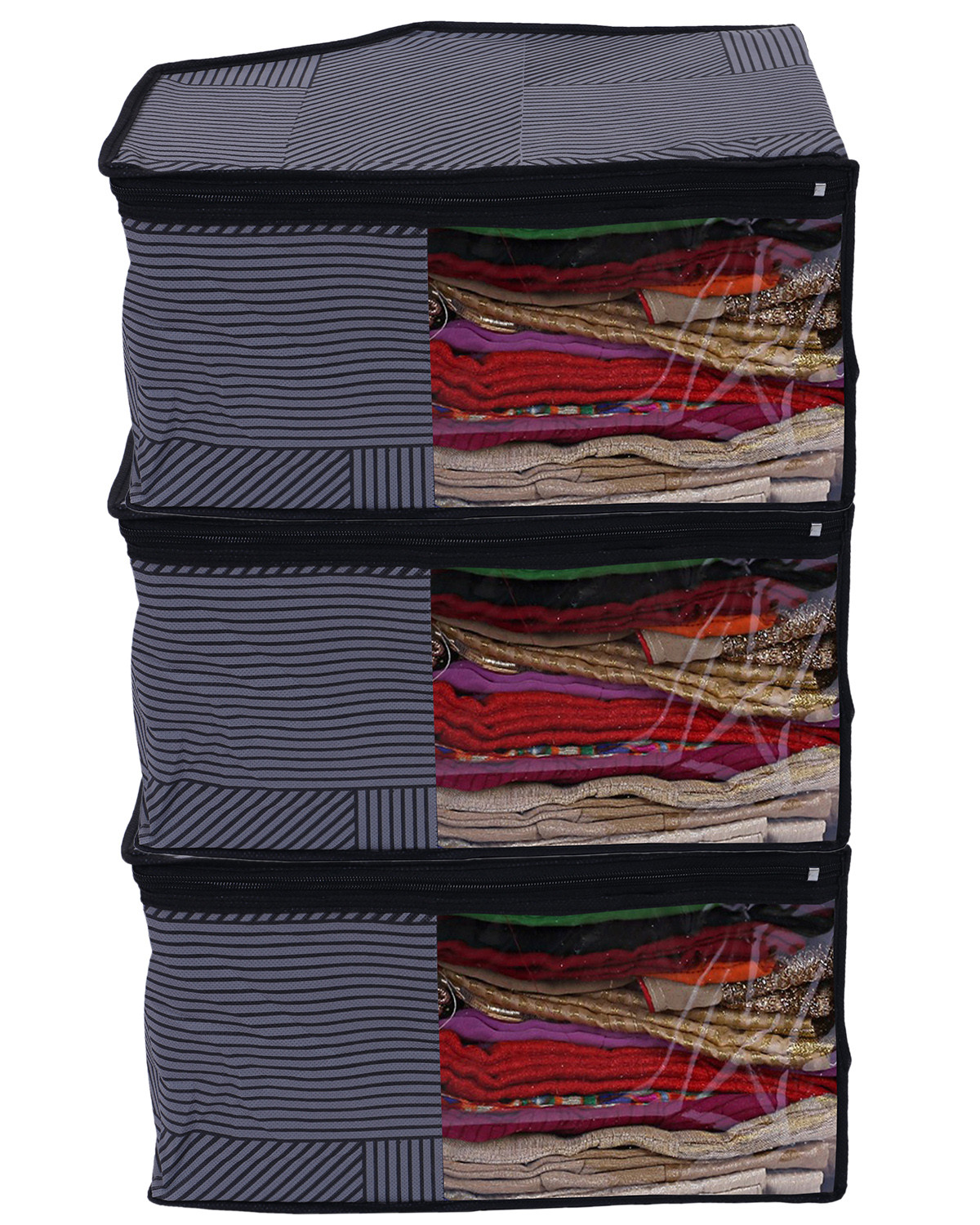 Kuber Industries Non-Woven Lining Print Foldable Blouse Cover|Clothes Organizer For Home & Traveling With Front Window Extra Large(Gray)