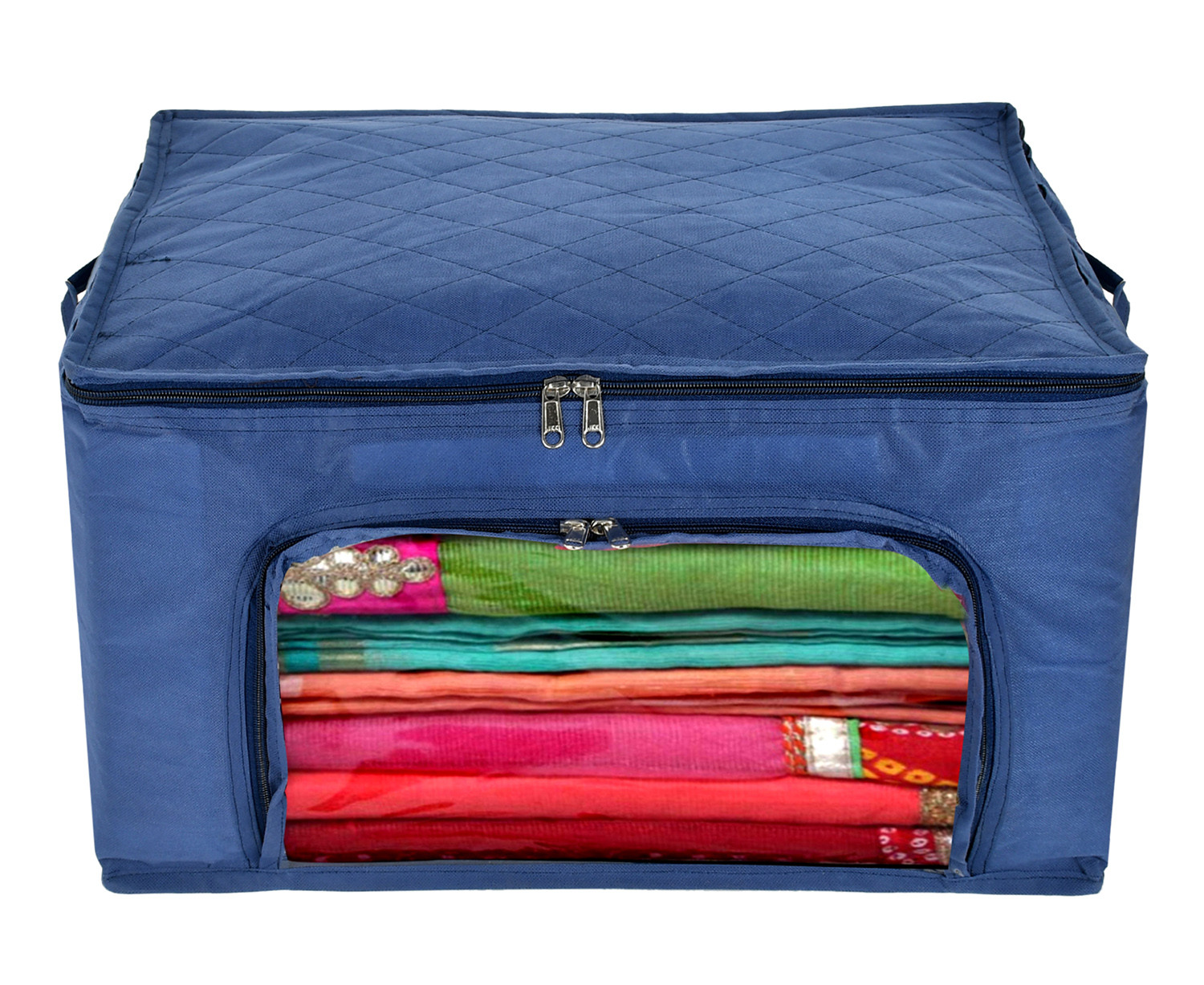 Kuber Industries Non-Woven Living Box, Underbed Storage, Cloth Storage Boxes for Wardrobe With Window (Blue) 54KM4093