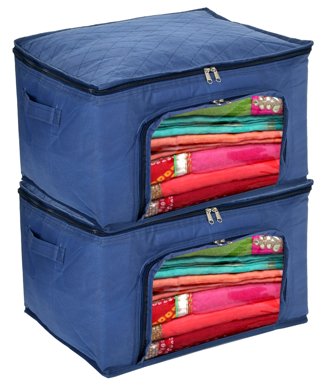 Kuber Industries Non-Woven Living Box, Underbed Storage, Cloth Storage Boxes for Wardrobe With Window (Blue) 54KM4093