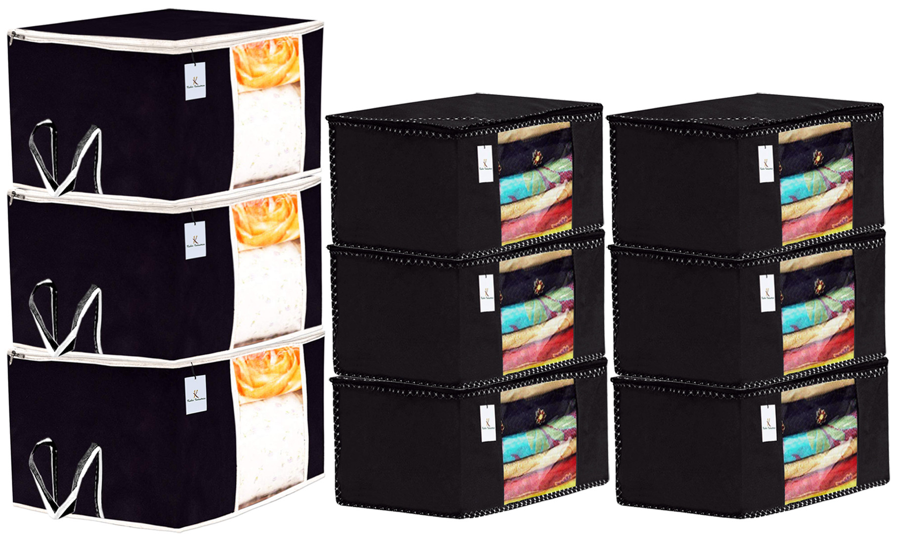 Kuber Industries Non Woven Saree Cover And Underbed Storage Bag, Cloth Organizer For Storage, Blanket Cover Combo Set (Black) -CTKTC38463