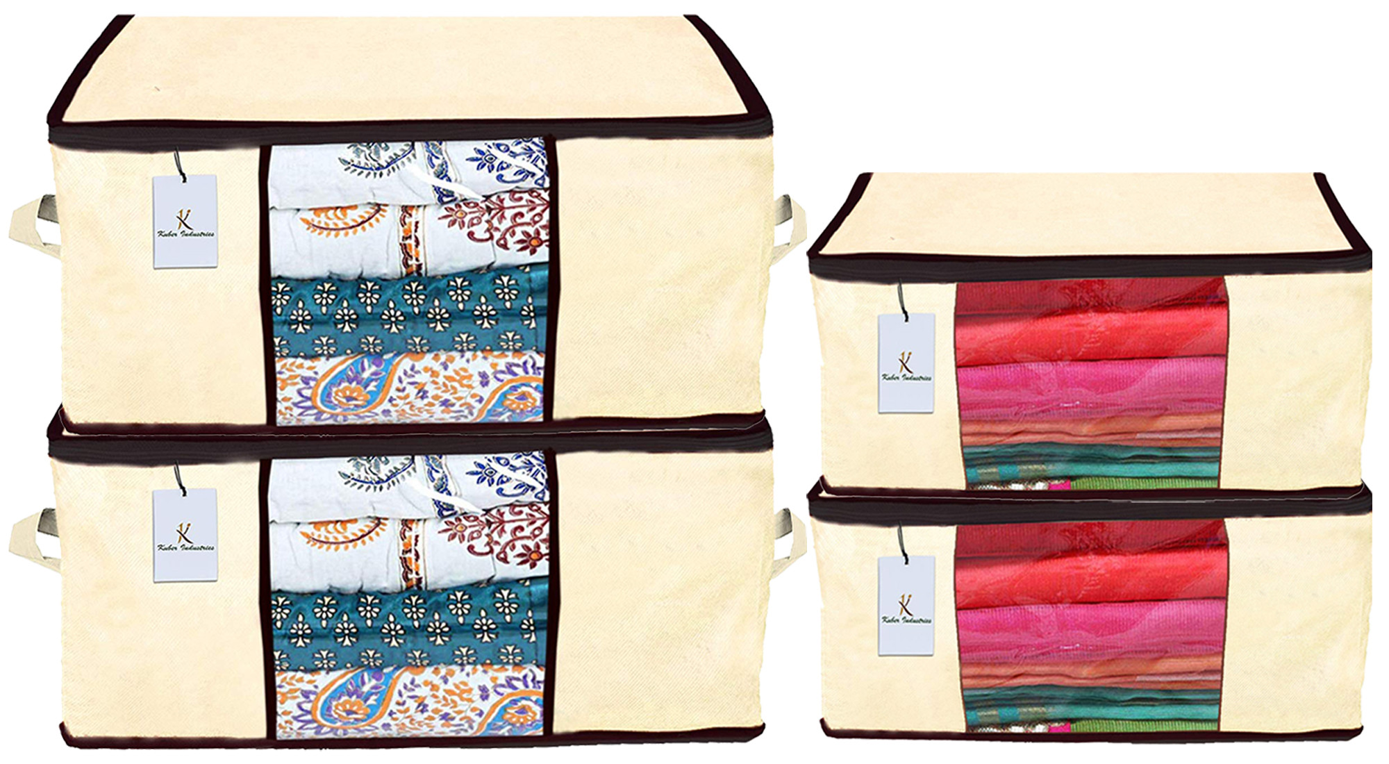 Kuber Industries Non Woven Saree Cover And Underbed Storage Bag, Cloth Organizer For Storage, Blanket Cover Combo Set (Ivory) -CTKTC38511