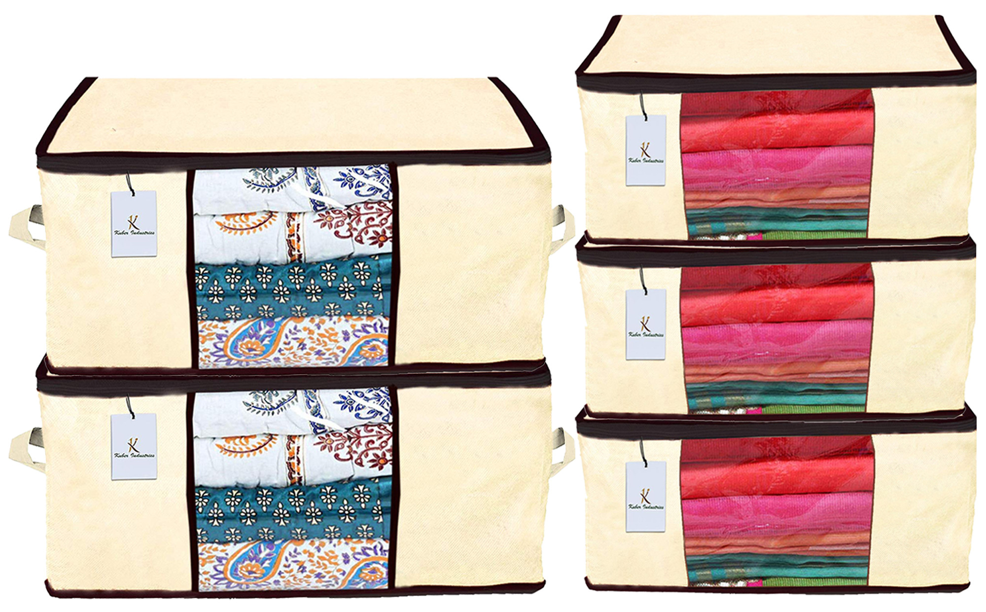 Kuber Industries Non Woven Saree Cover And Underbed Storage Bag, Cloth Organizer For Storage, Blanket Cover Combo Set (Ivory) -CTKTC38511
