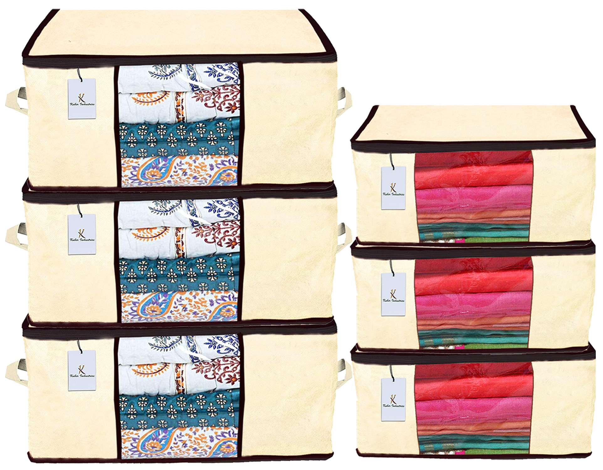 Kuber Industries Non Woven Saree Cover And Underbed Storage Bag, Cloth Organizer For Storage, Blanket Cover Combo Set (Ivory) -CTKTC38511