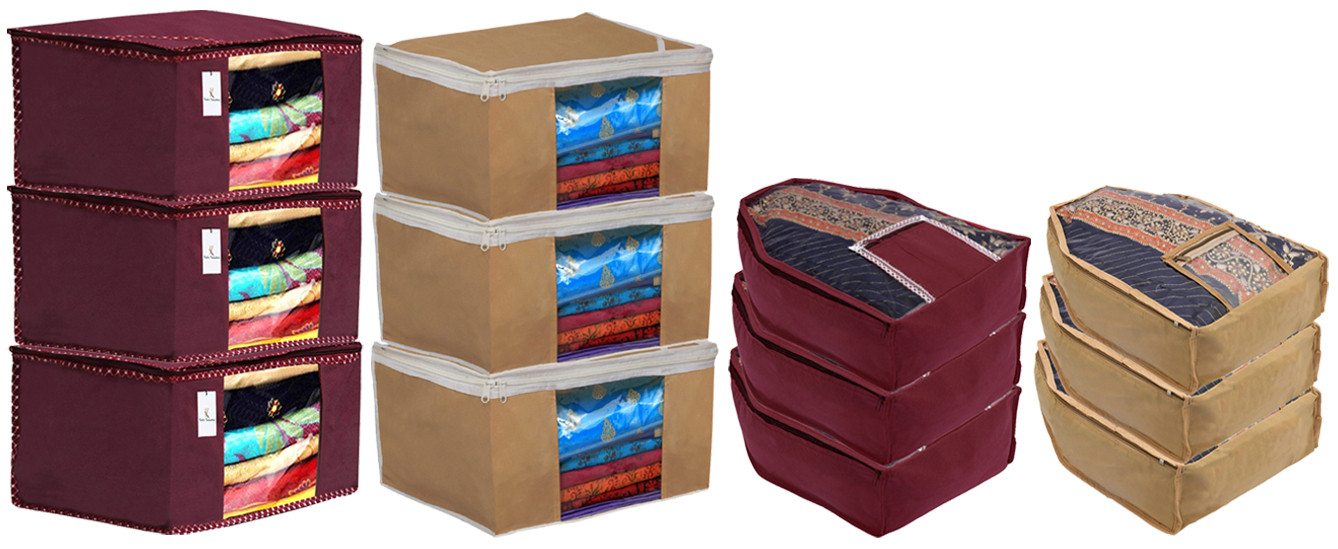 Kuber Industries Non Woven Saree Cover/Cloth Wardrobe Organizer and Blouse Cover Combo Set (Maroon & Brown)