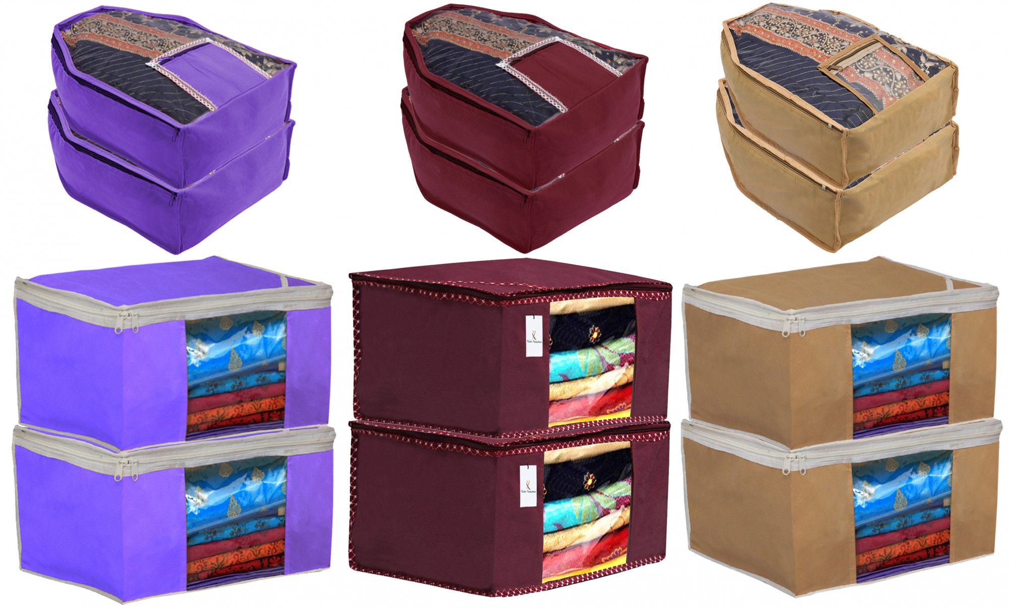 Kuber Industries Non Woven Saree Cover/Cloth Wardrobe Organizer and Blouse Cover Combo Set (Maroon & Purple & Brown)
