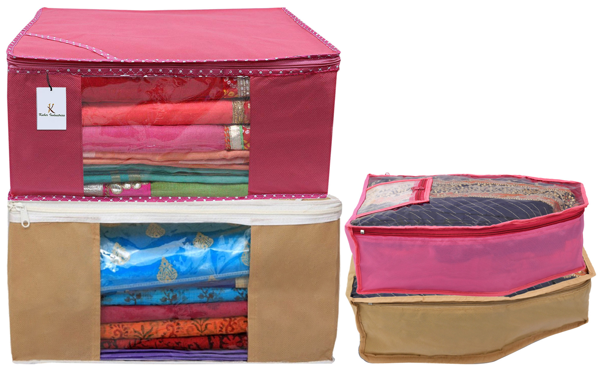 Kuber Industries Non Woven Saree Cover/Cloth Wardrobe Organizer and Blouse Cover Combo Set (Pink & Brown)