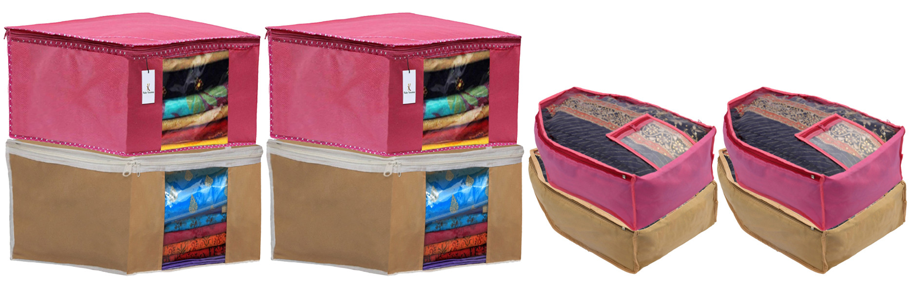 Kuber Industries Non Woven Saree Cover/Cloth Wardrobe Organizer and Blouse Cover Combo Set (Pink & Brown)