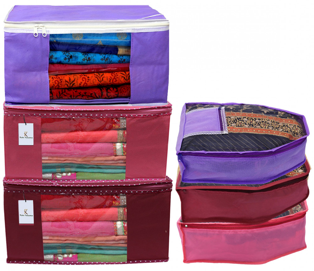 Kuber Industries Non Woven Saree Cover/Cloth Wardrobe Organizer and Blouse Cover Combo Set (Pink &amp; Maroon &amp; Purple)