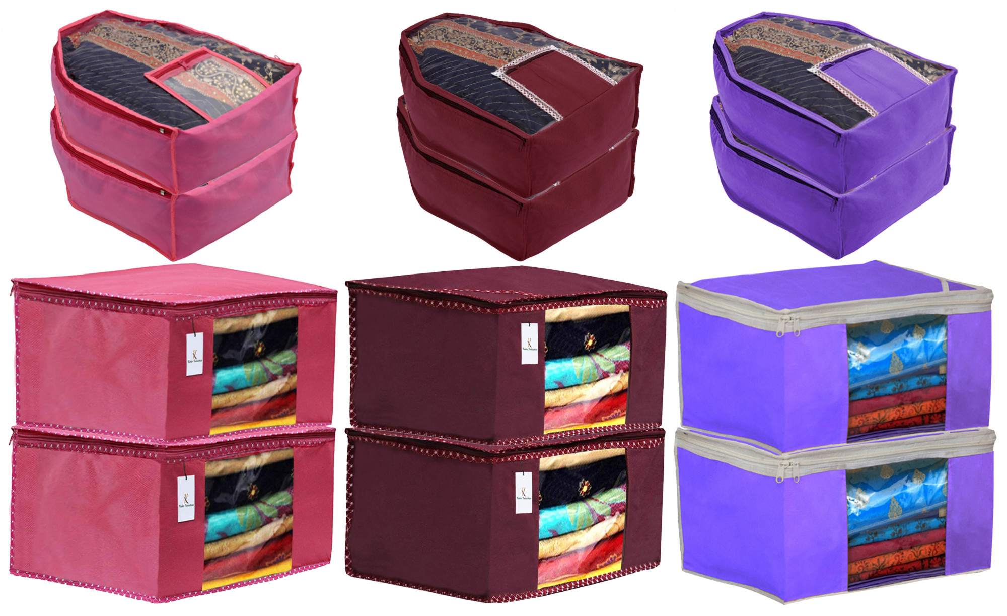 Kuber Industries Non Woven Saree Cover/Cloth Wardrobe Organizer and Blouse Cover Combo Set (Pink & Maroon & Purple)