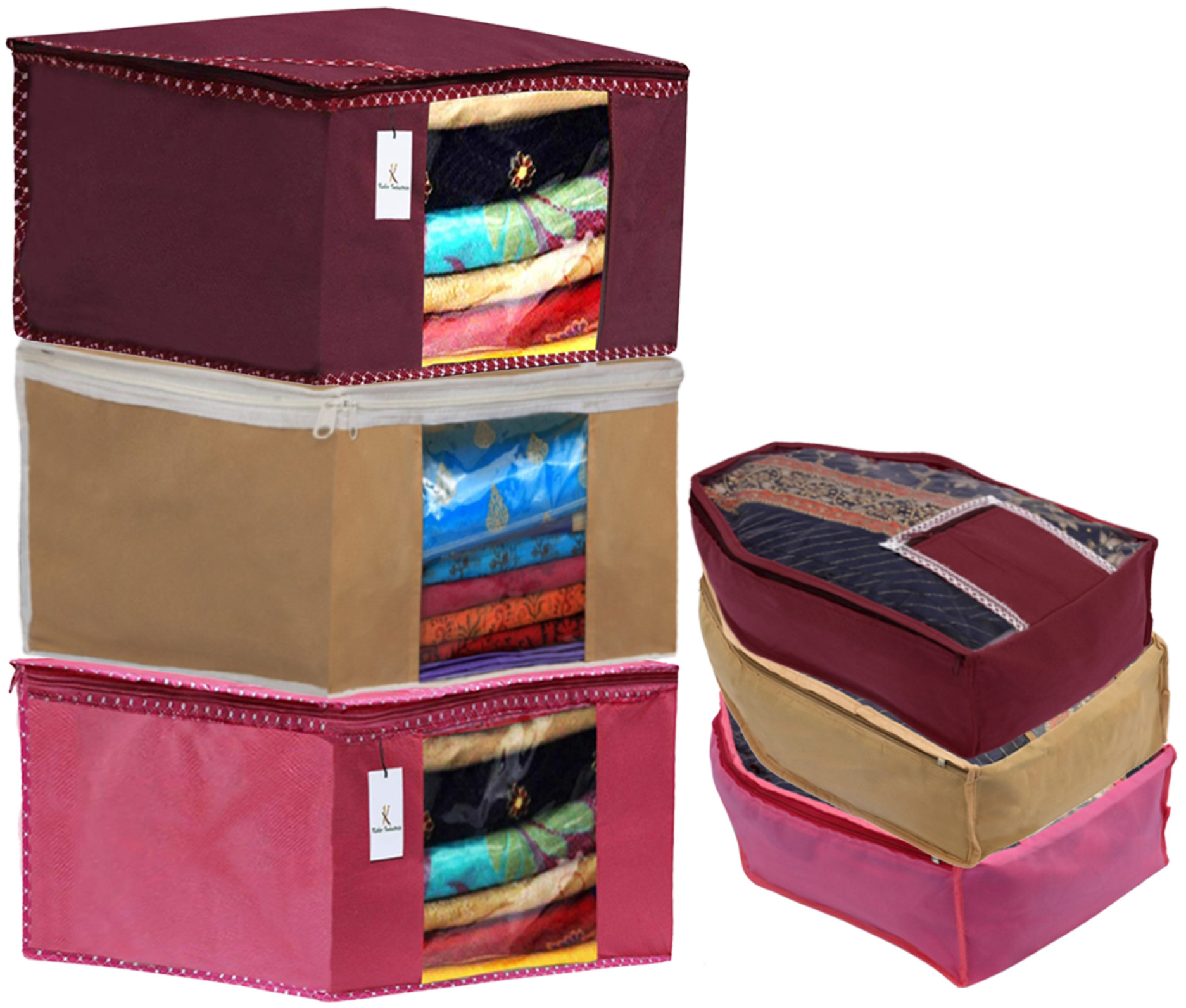 Kuber Industries Non Woven Saree CoverCloth Wardrobe Organizer and Blouse Cover Combo Set Pink  Maroon  Brown