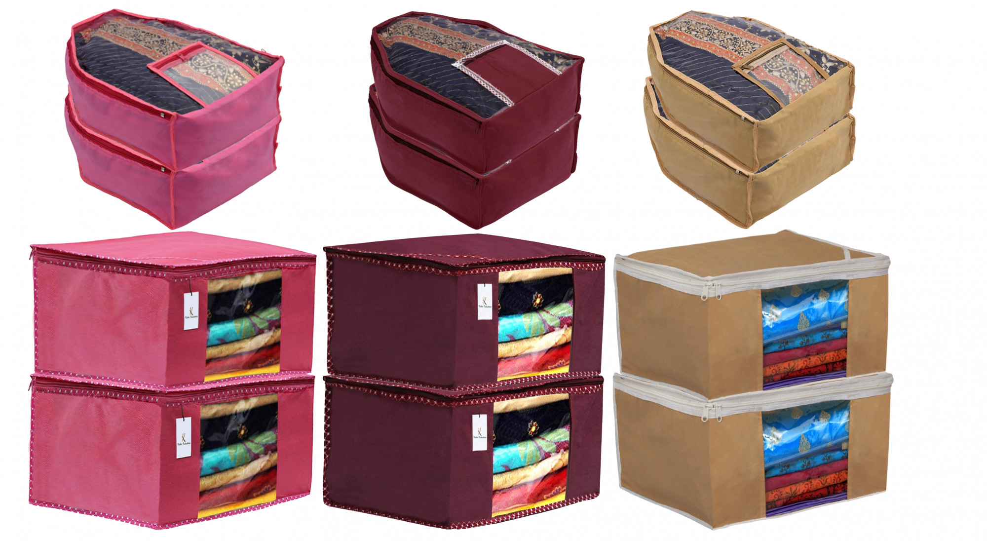 Kuber Industries Non Woven Saree CoverCloth Wardrobe Organizer and Blouse Cover Combo Set Pink  Maroon  Brown
