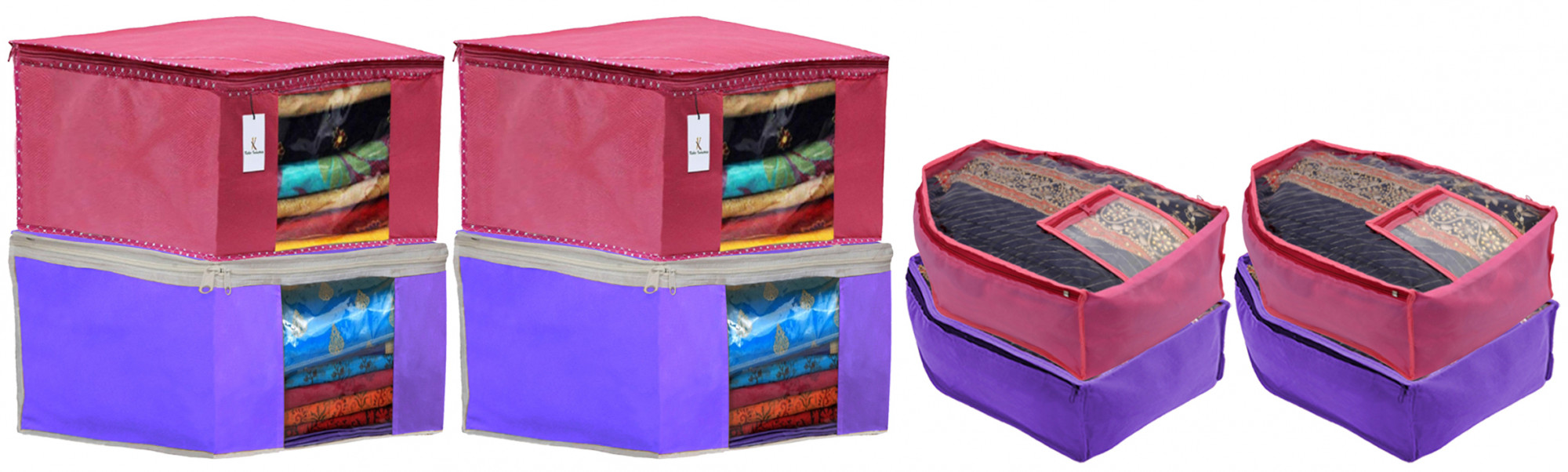 Kuber Industries Non Woven Saree Cover/Cloth Wardrobe Organizer and Blouse Cover Combo Set (Pink & Purple)