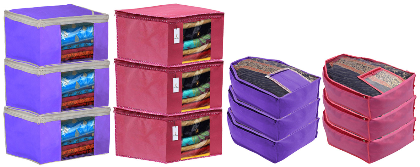 Kuber Industries Non Woven Saree Cover/Cloth Wardrobe Organizer and Blouse Cover Combo Set (Pink & Purple)