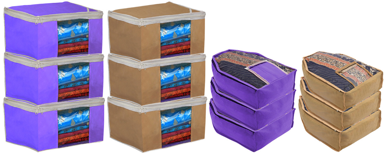 Kuber Industries Non Woven Saree Cover/Cloth Wardrobe Organizer and Blouse Cover Combo Set (Purple & Brown)