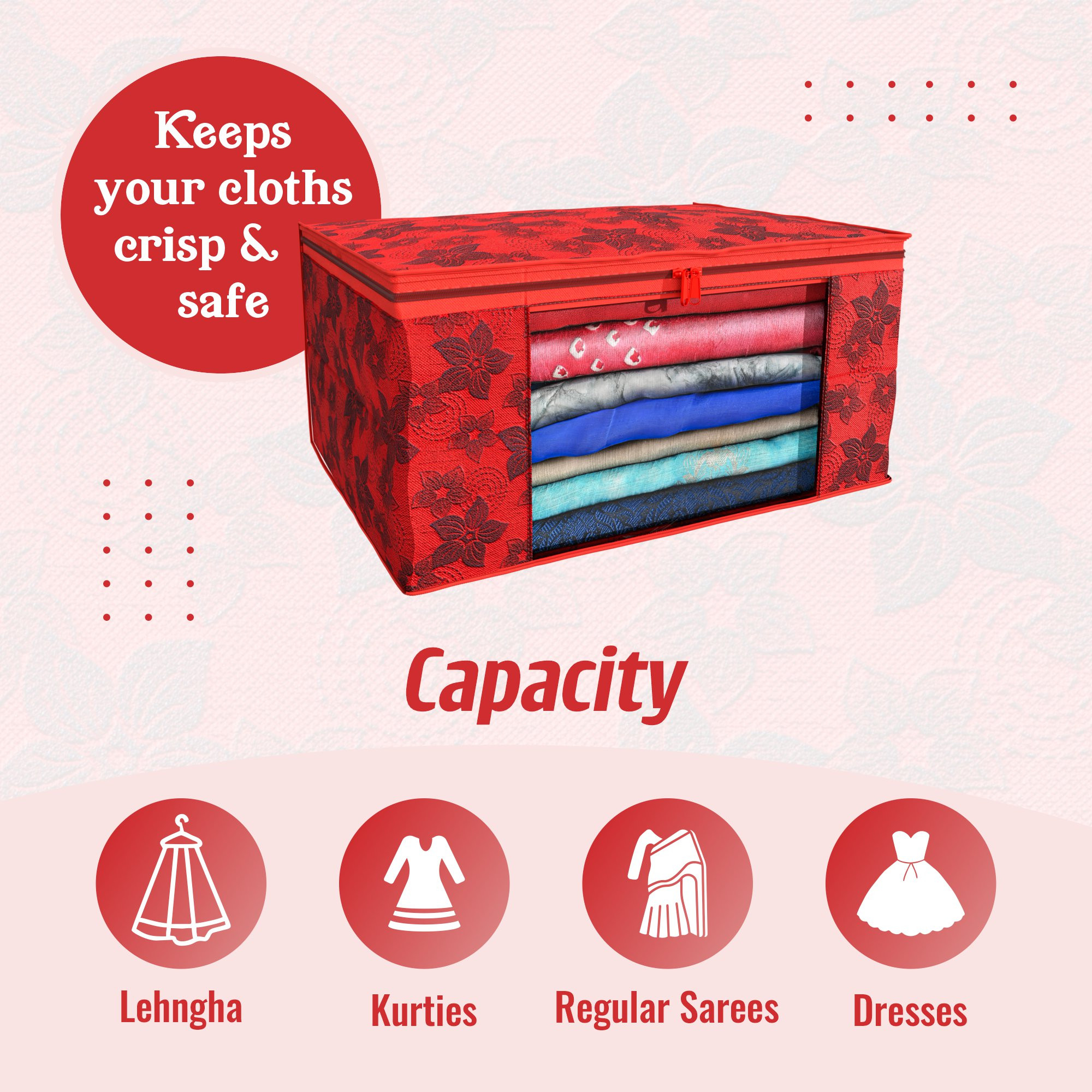 Kuber Industries Non-Woven Saree Covers With Zip|Saree Covers For Storage|Saree Packing Covers For Wedding|Pack Of 6 (Red)