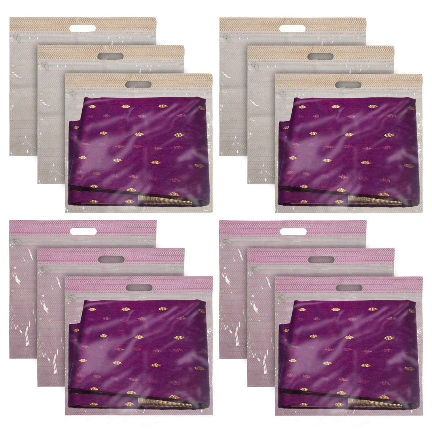 Kuber Industries Non-Woven Single Saree Covers With Transparent Window With Handle Pack of 12 (Pink & Brown)