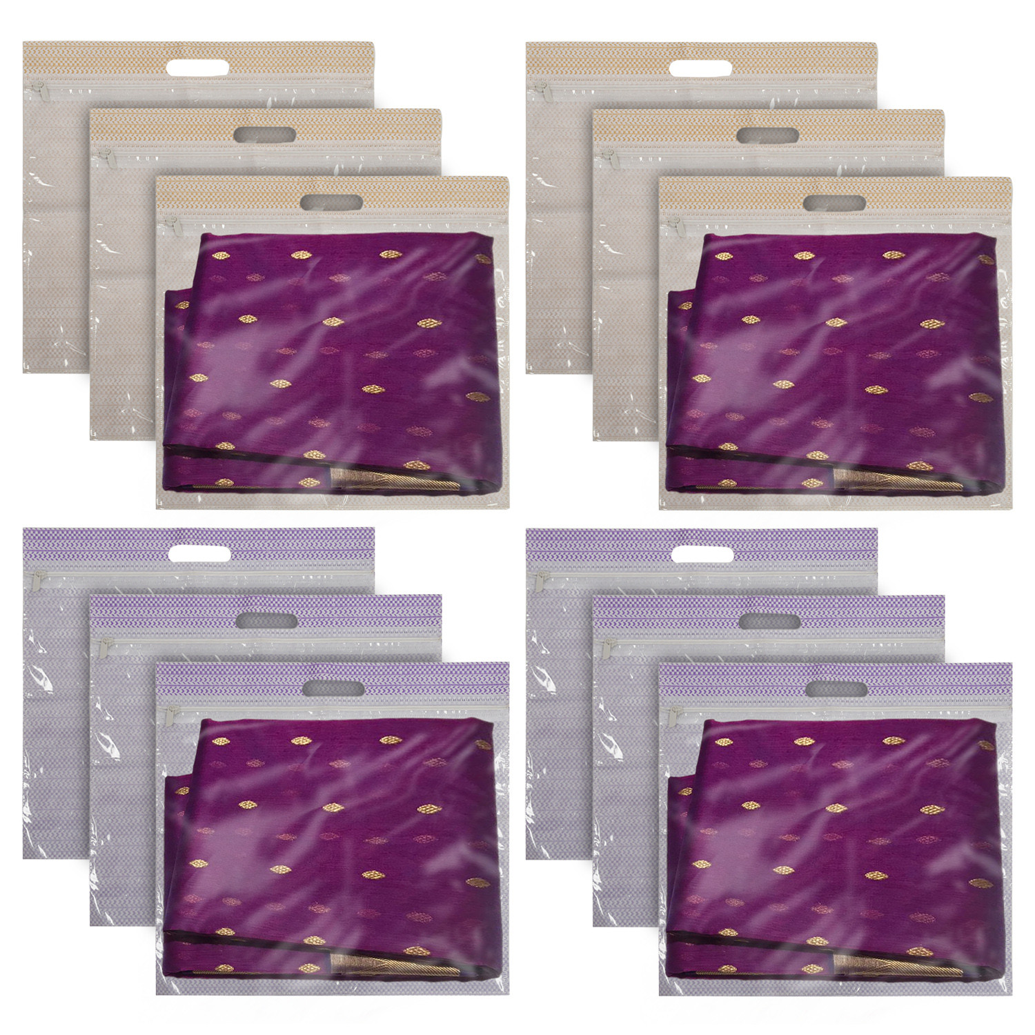 Kuber Industries Non-Woven Single Saree Covers With Transparent Window With Handle Pack of 12 (Purple & Brown)