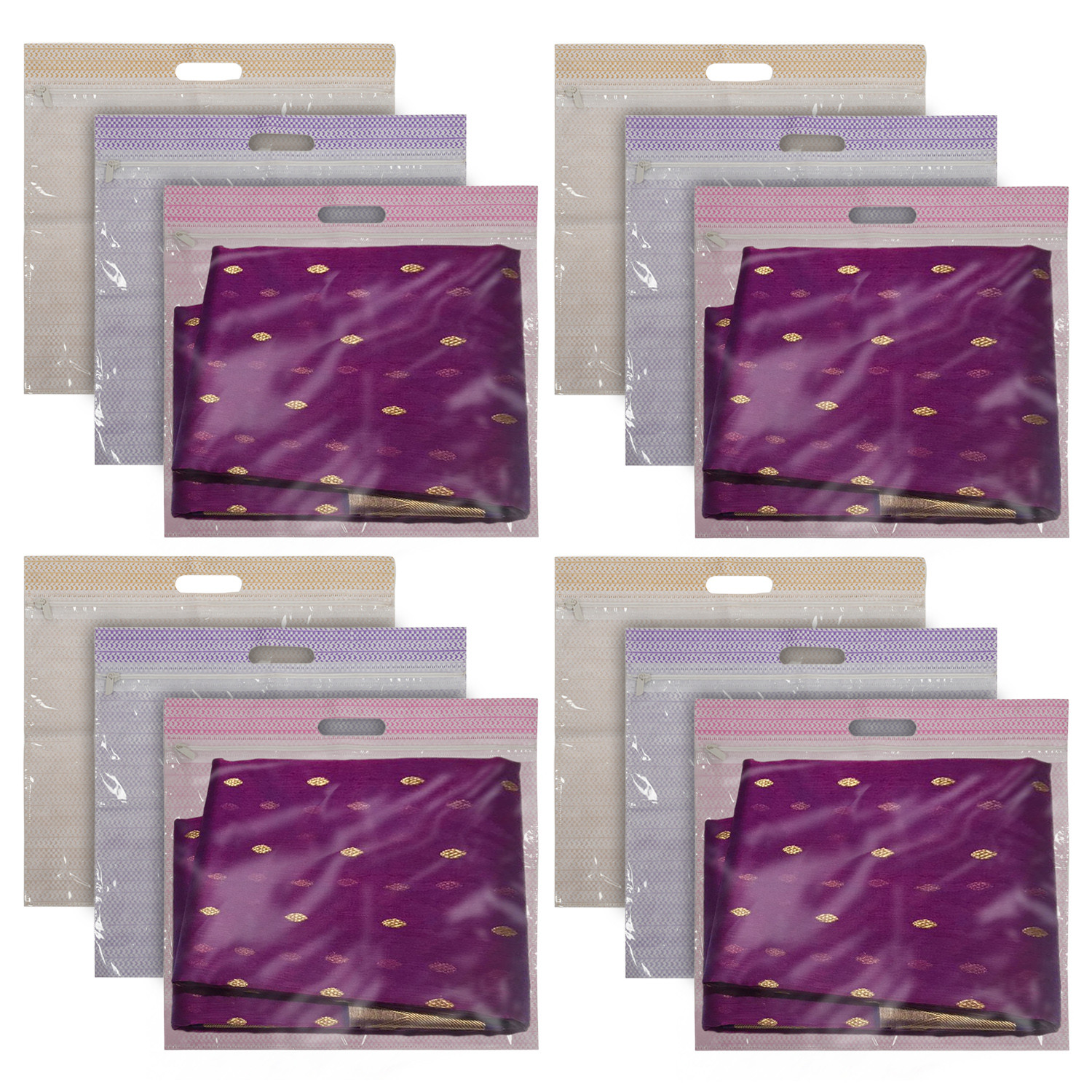 Kuber Industries Non-Woven Single Saree Covers With Transparent Window With Handle Pack of 12 (Purple & Pink & Brown)