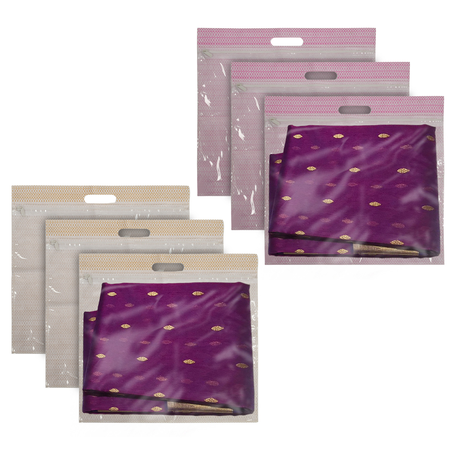 Kuber Industries Non-Woven Single Saree Covers With Transparent Window With Handle Pack of 6 (Pink & Brown)