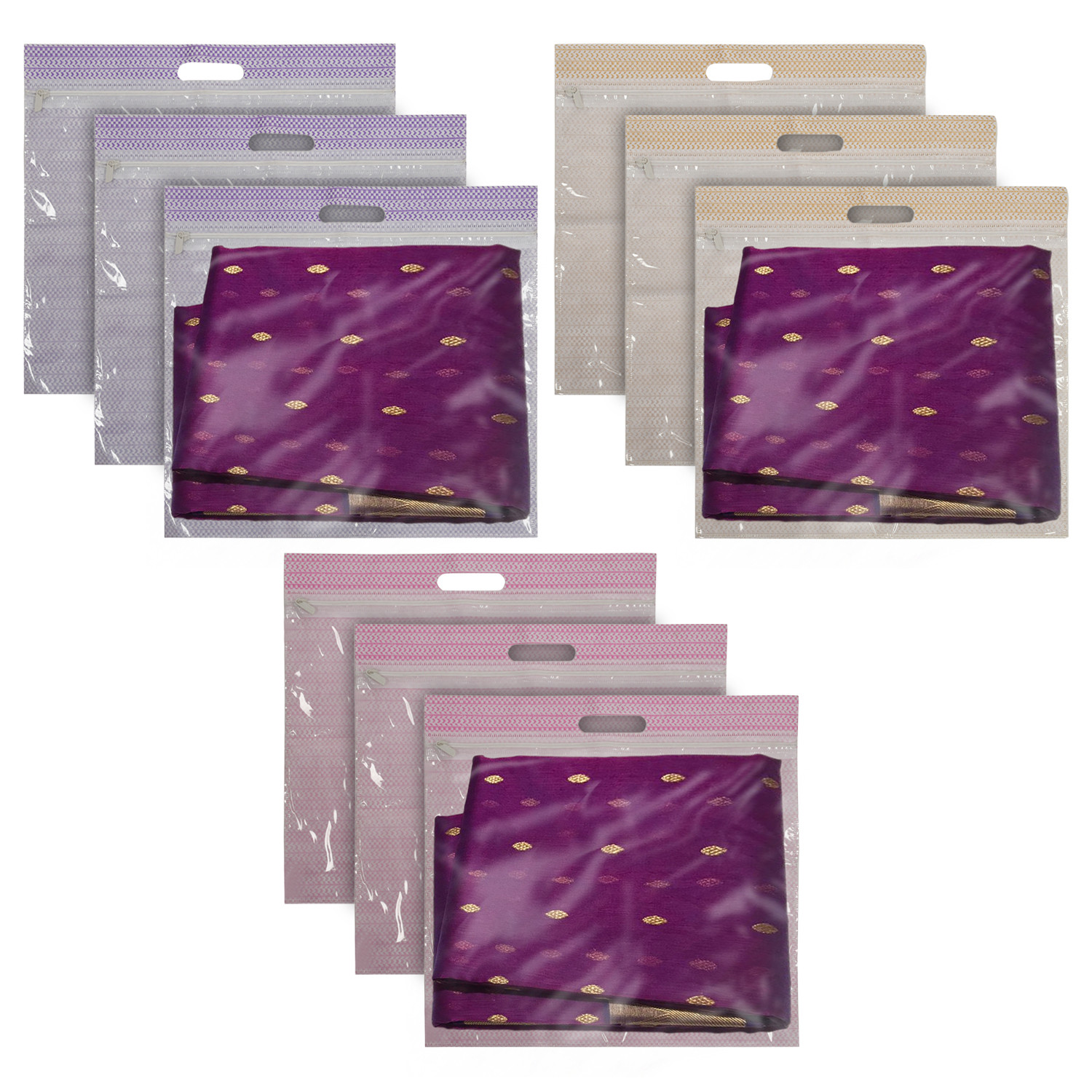 Kuber Industries Non-Woven Single Saree Covers With Transparent Window With Handle Pack of 9 (Purple & Pink & Brown)
